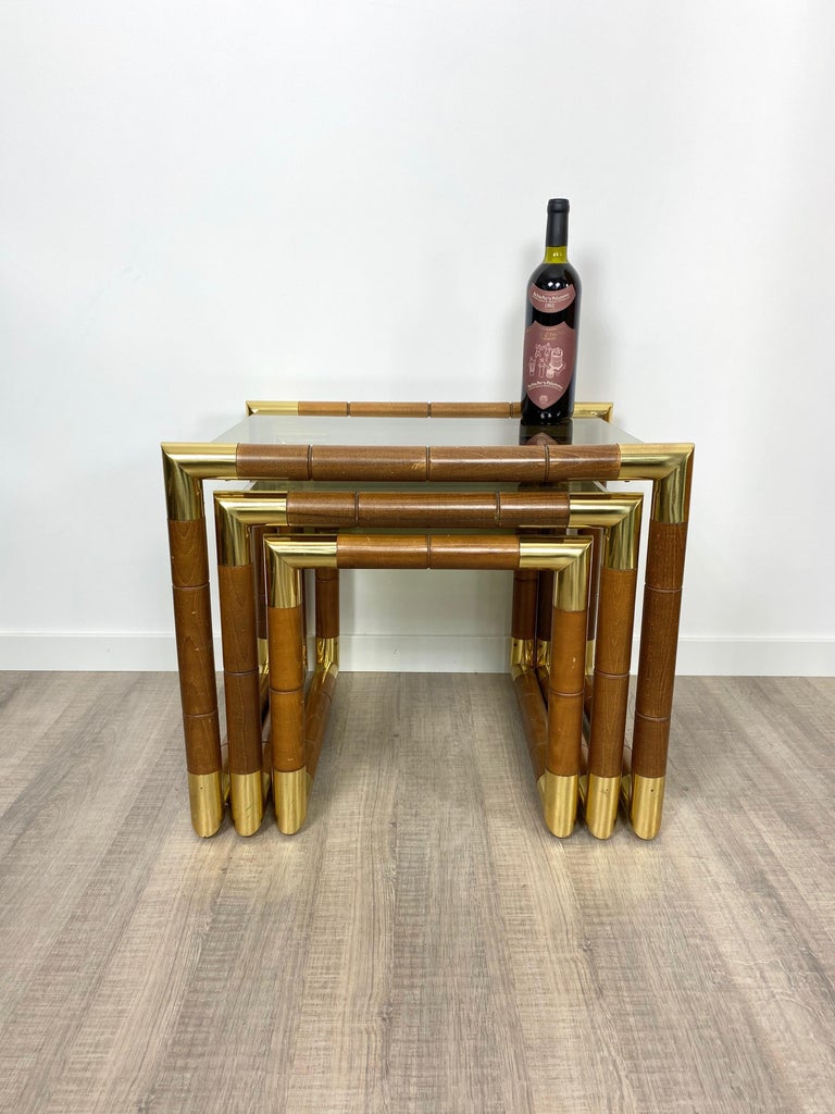 Set of Nesting Table in Wood, Brass and Glass, Italy, 1970s For Sale 8