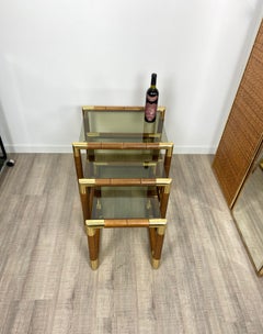 Set of Nesting Table in Wood, Brass and Glass, Italy, 1970s