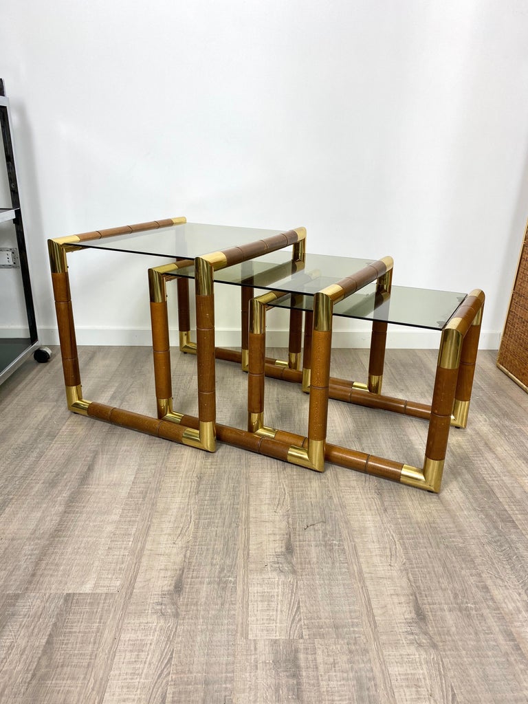 Late 20th Century Set of Nesting Table in Wood, Brass and Glass, Italy, 1970s For Sale