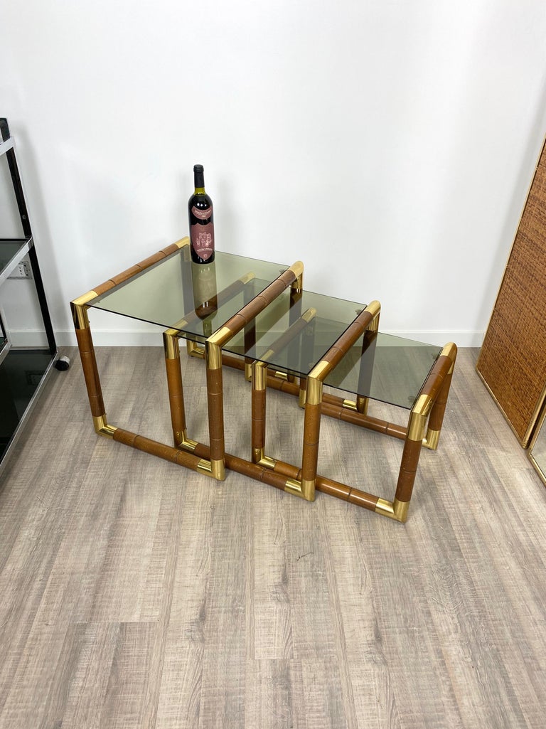 Metal Set of Nesting Table in Wood, Brass and Glass, Italy, 1970s For Sale