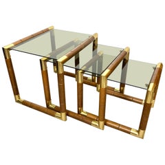 Set of Nesting Table in Wood, Brass and Glass, Italy, 1970s