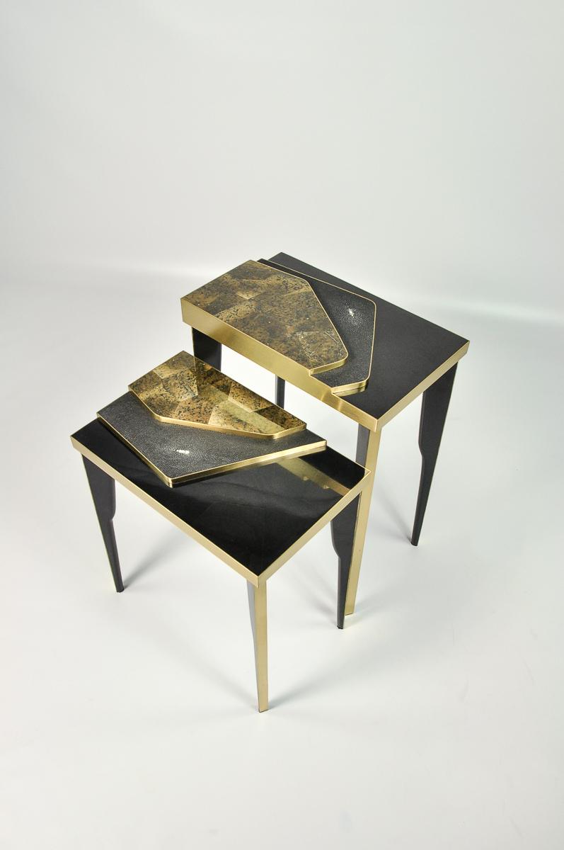 Art Deco Set of Nesting Tables in Black Marquetry by Ginger Brown For Sale