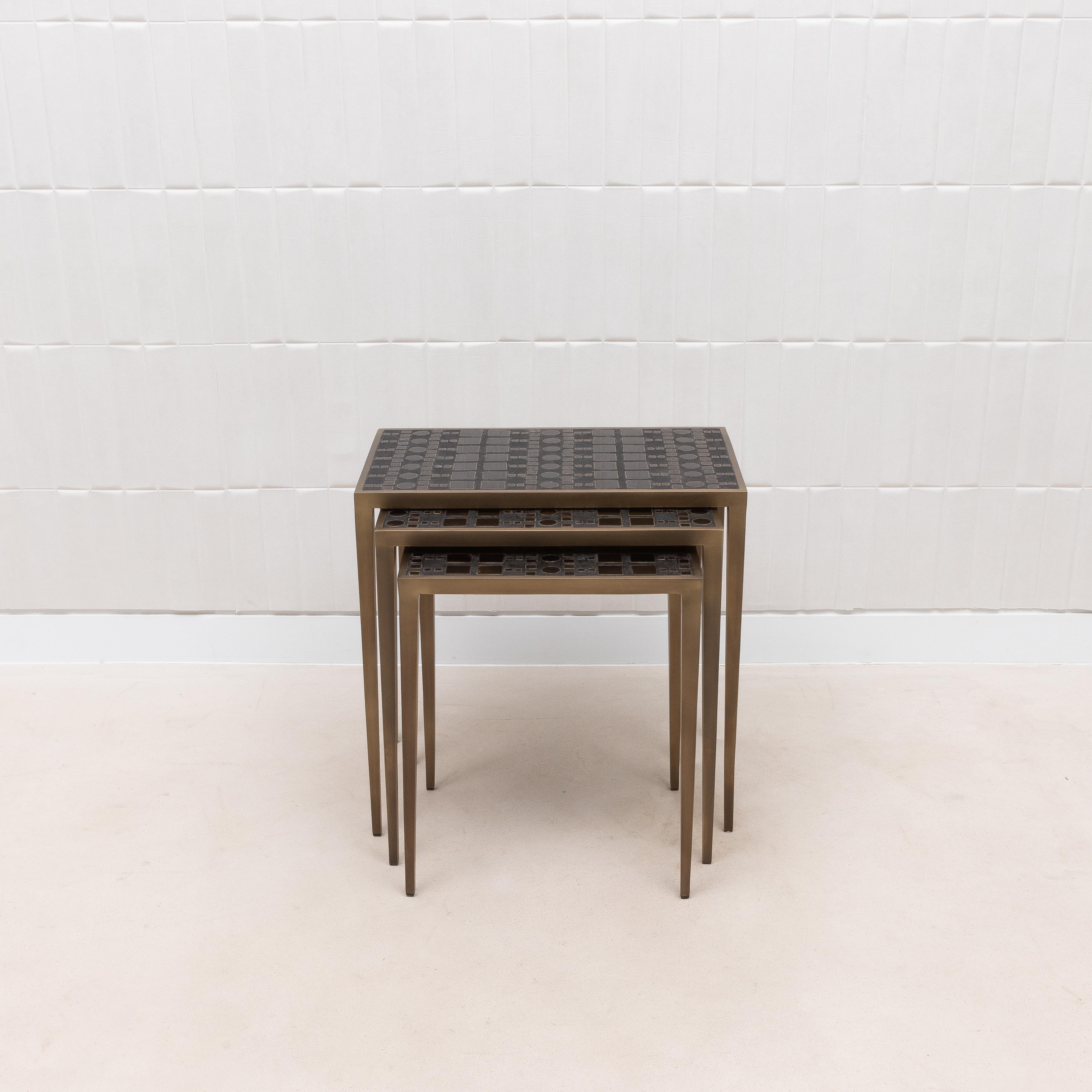 Art Deco Set of Nesting Tables in Black Shagreen and Pen Shell with Brass by R&Y Augousti For Sale