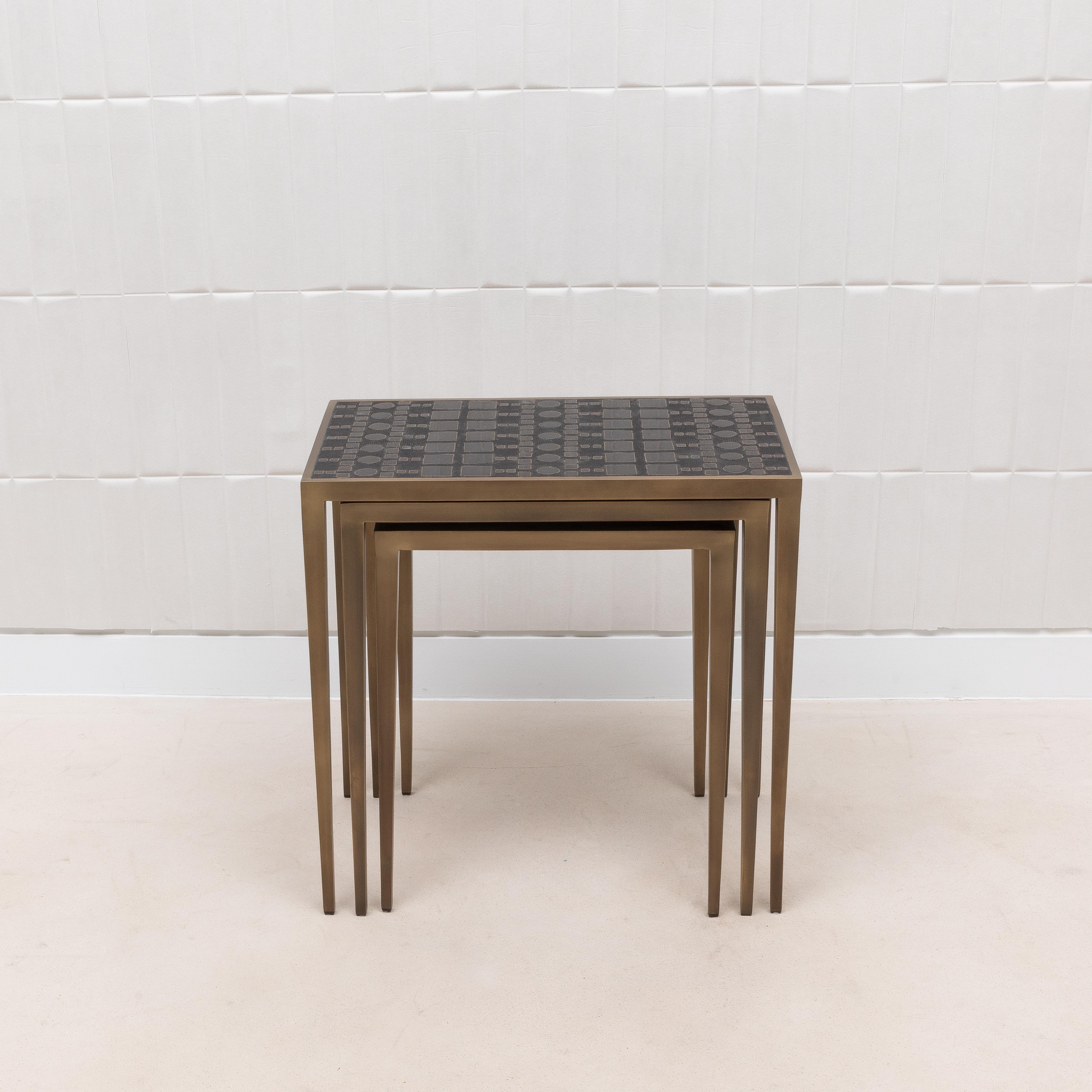 Contemporary Set of Nesting Tables in Black Shagreen and Pen Shell with Brass by R&Y Augousti For Sale