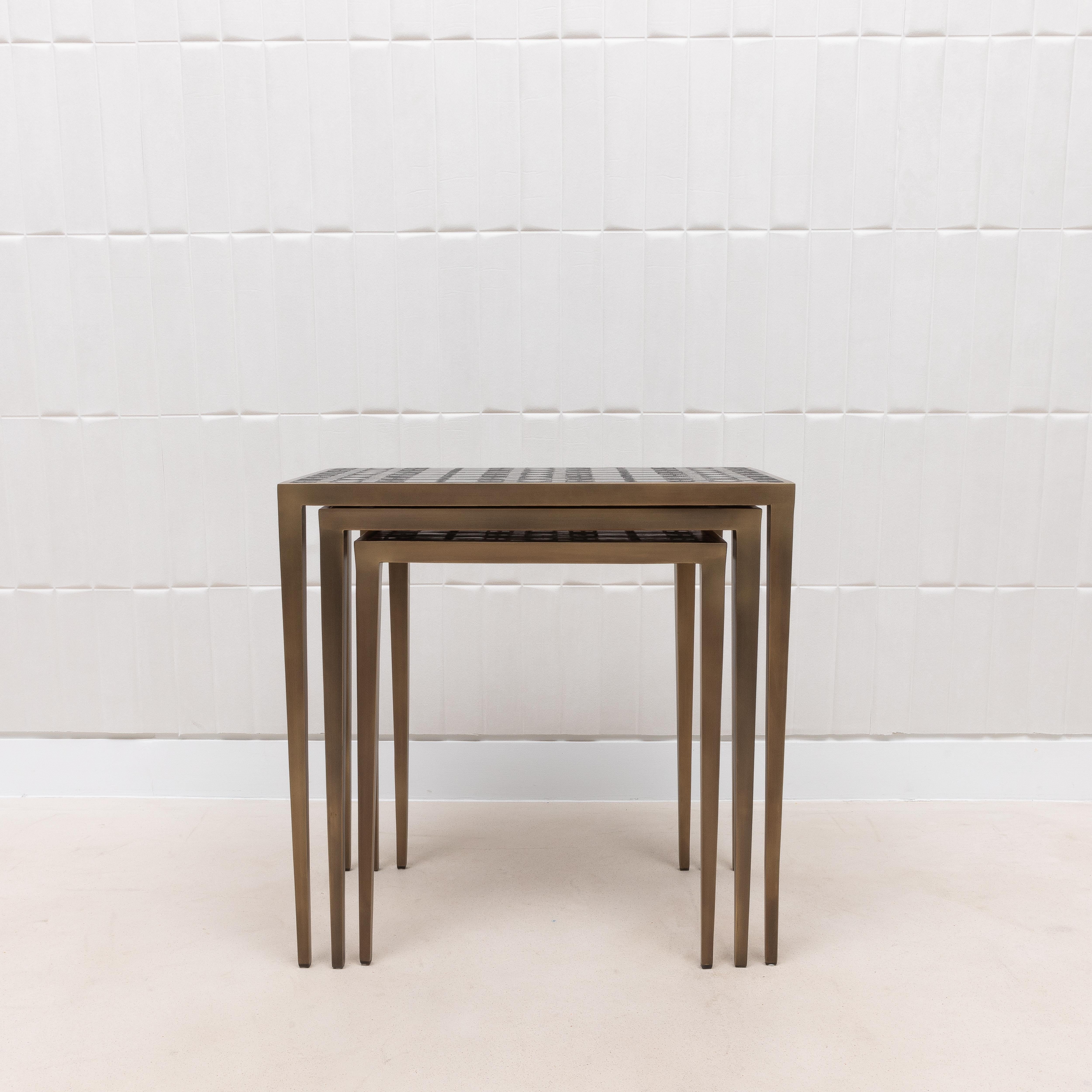 Set of Nesting Tables in Black Shagreen and Pen Shell with Brass by R&Y Augousti For Sale 1
