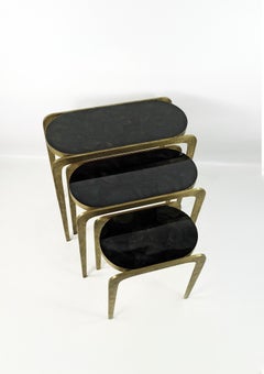 Set of Nesting Tables in Hammered Brass with Black Marquetry Top by Ginger Brown