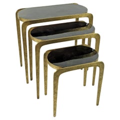 Set of Nesting Tables in Hammered Brass with Black Marquetry Top by Ginger Brown