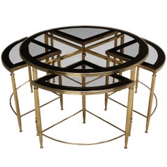 Set of Nesting Tables in Smoked Glass and Brass