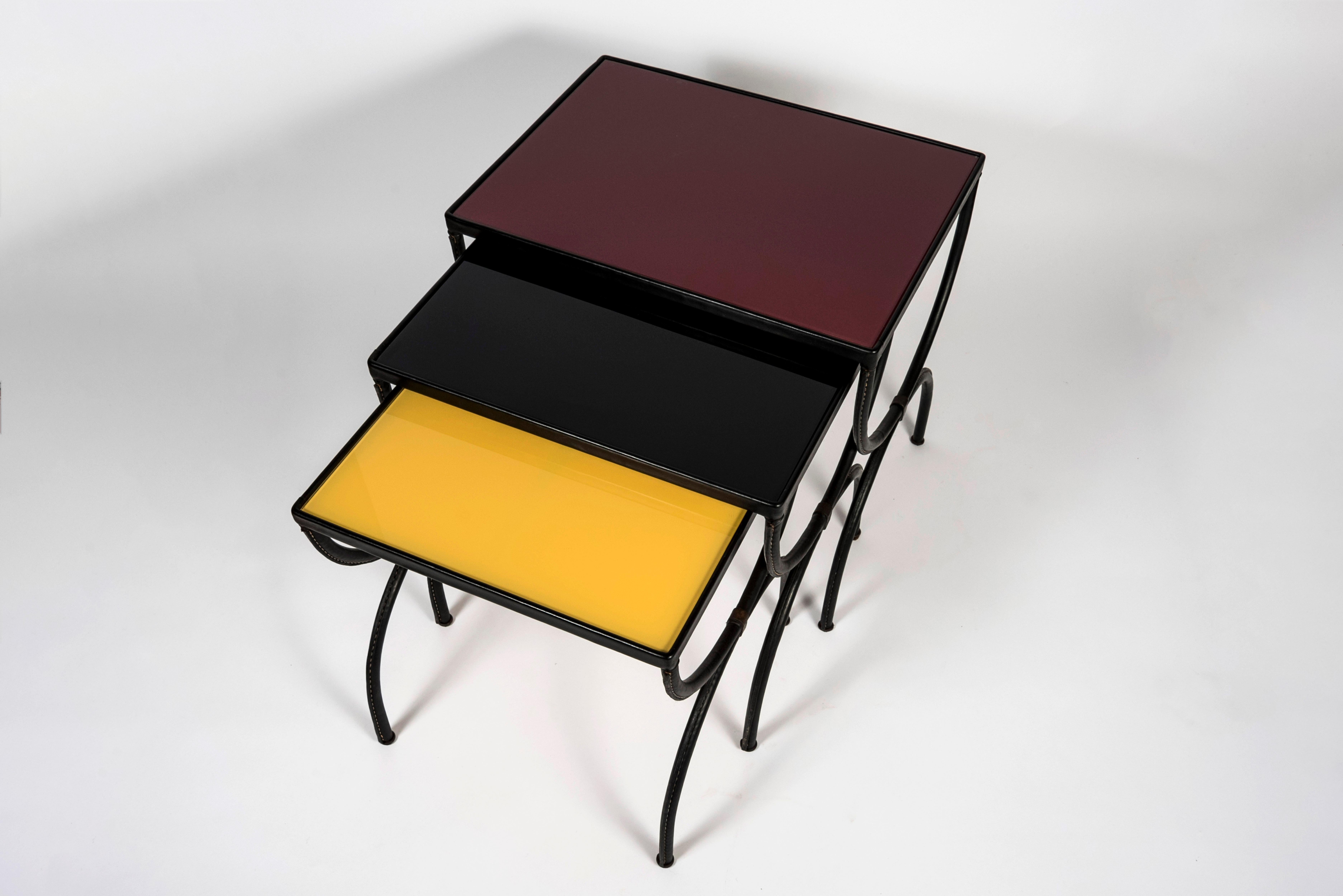 French Set of Nesting Tables in Stitched Leather by Jacques Adnet