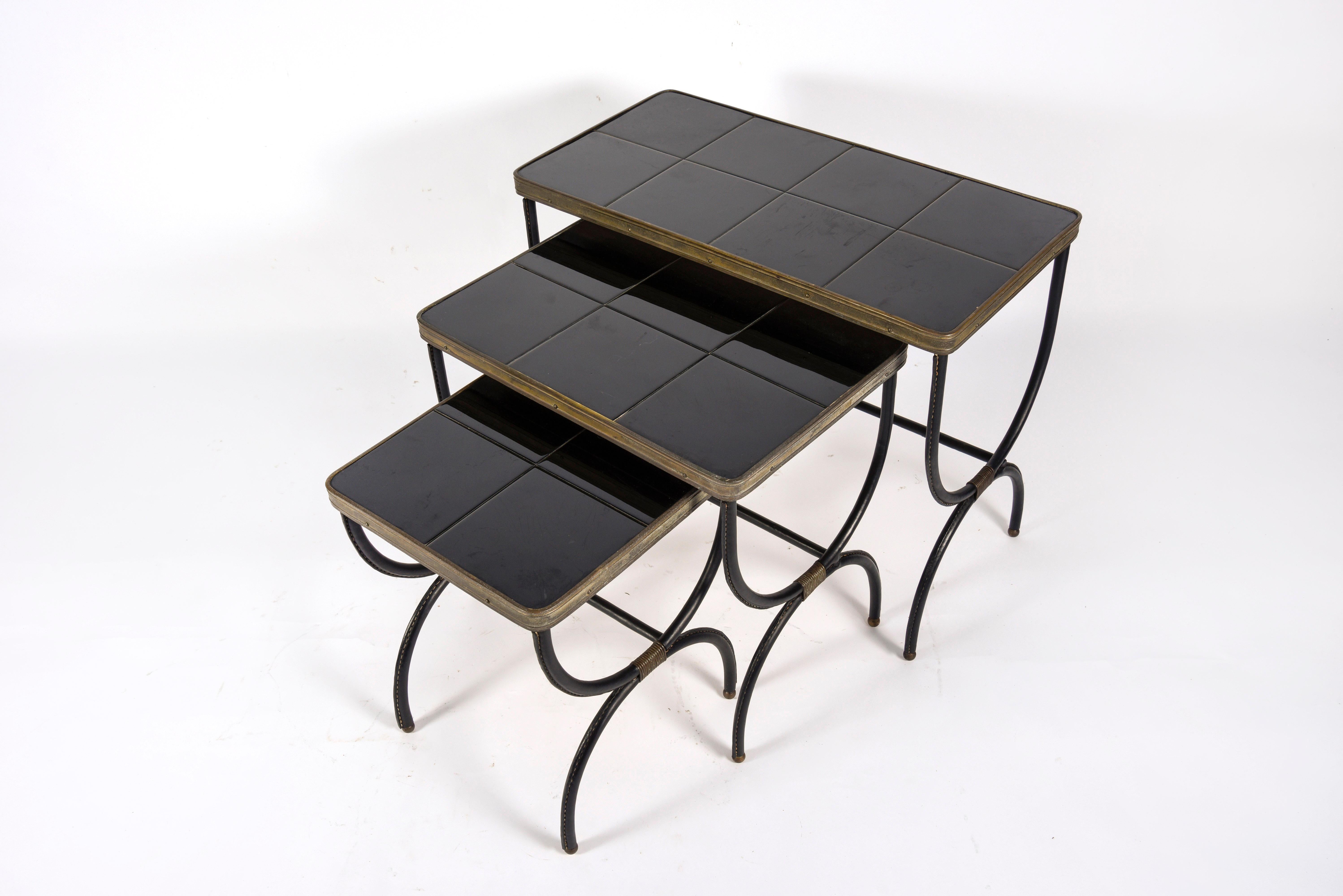 Mid-19th Century Set of Nesting Tables in Stitched Leather by Jacques Adnet For Sale