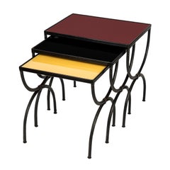 Set of Nesting Tables in Stitched Leather by Jacques Adnet