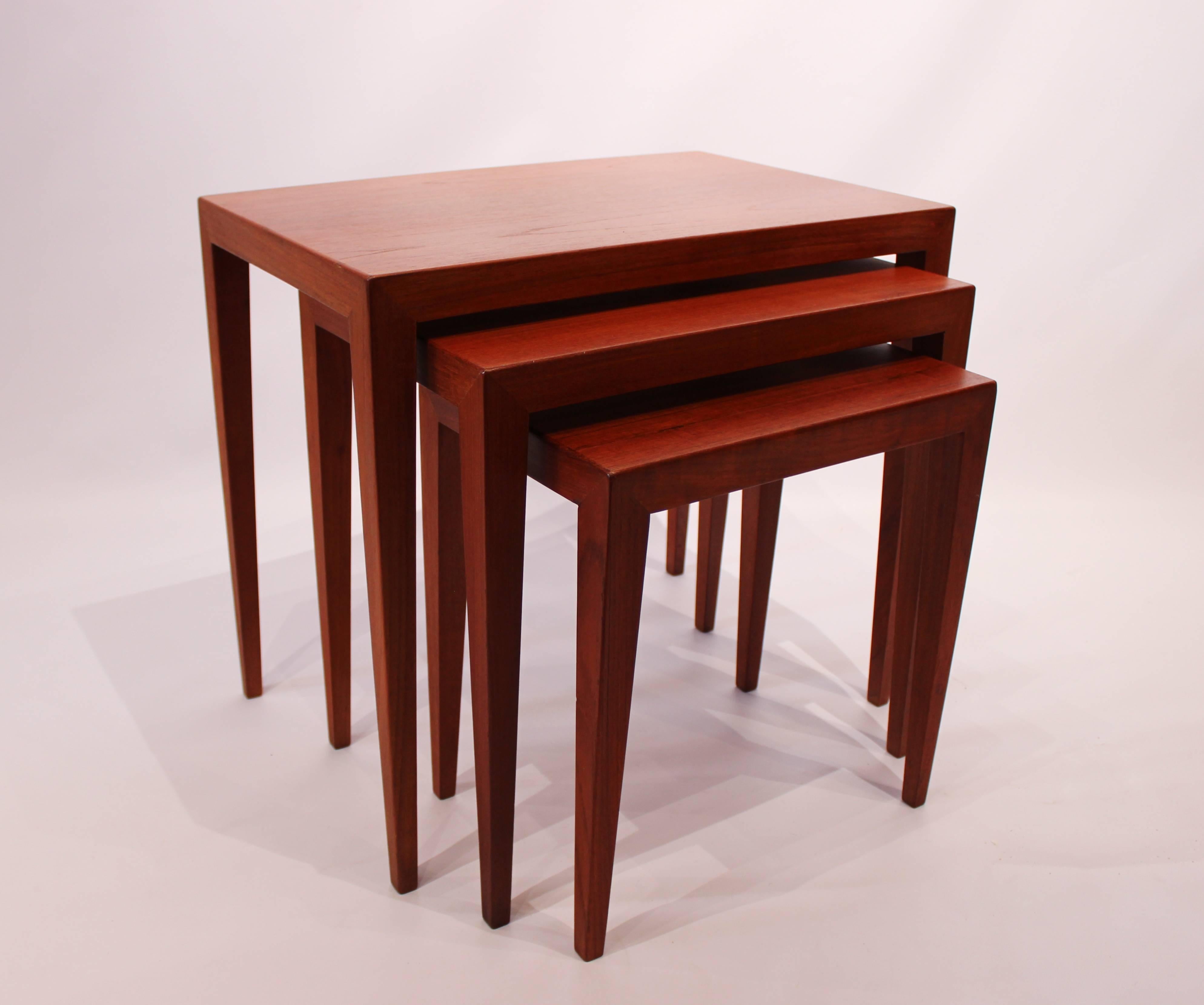 A set of nesting tables in teak from Haslev furniture factory of Danish design from the 1960s. The tables are in great vintage condition. 
Measures: H - 51.5/46.5/41 cm, W - 57/47/37 cm and D - 37/32.5/26 cm.