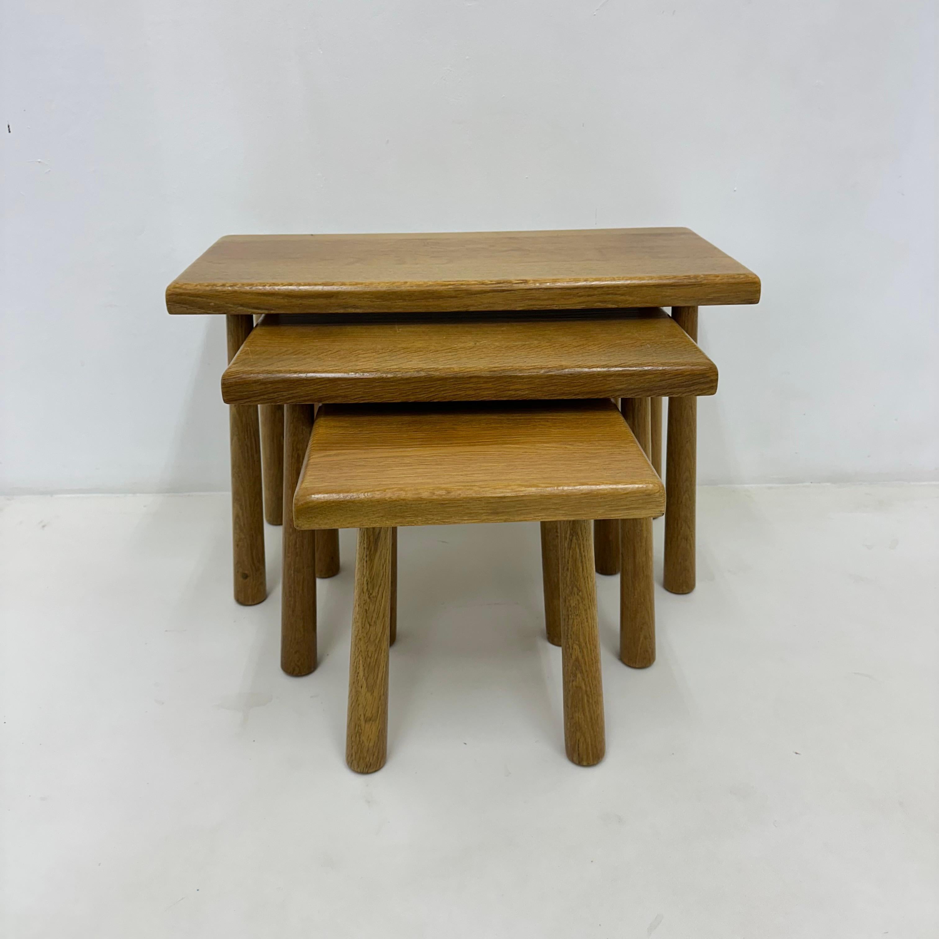 Brutalist Set of nesting tables solid oak wood brutalist , 1970s For Sale