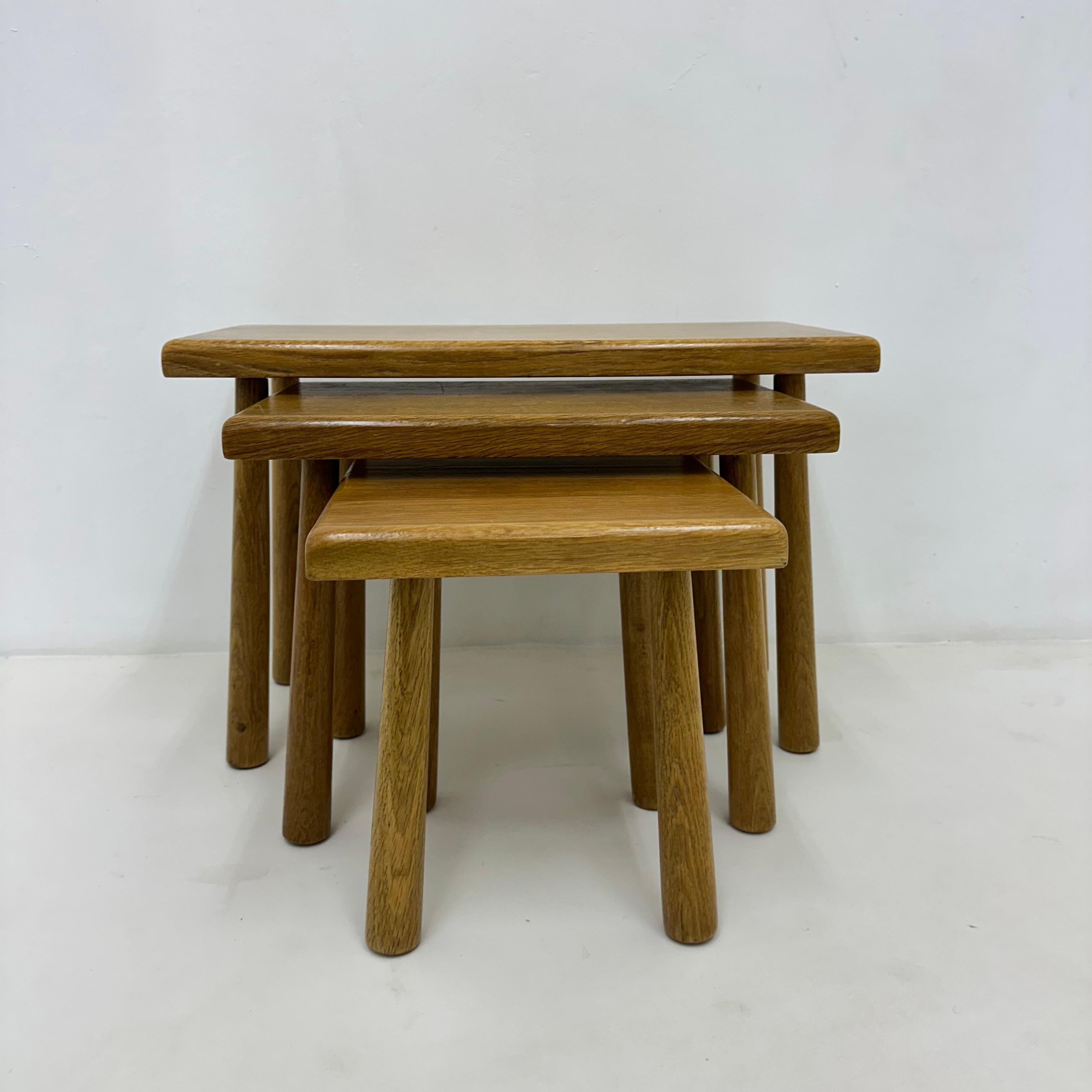 Dutch Set of nesting tables solid oak wood brutalist , 1970s For Sale