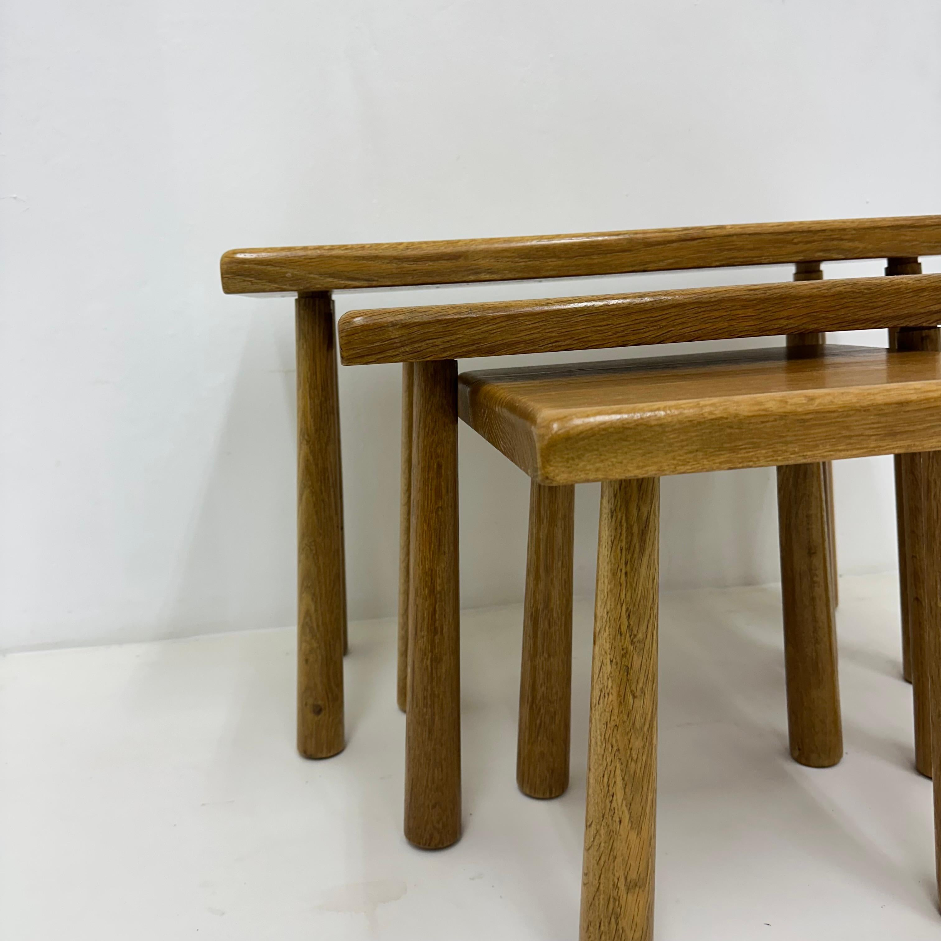 Set of nesting tables solid oak wood brutalist , 1970s For Sale 1