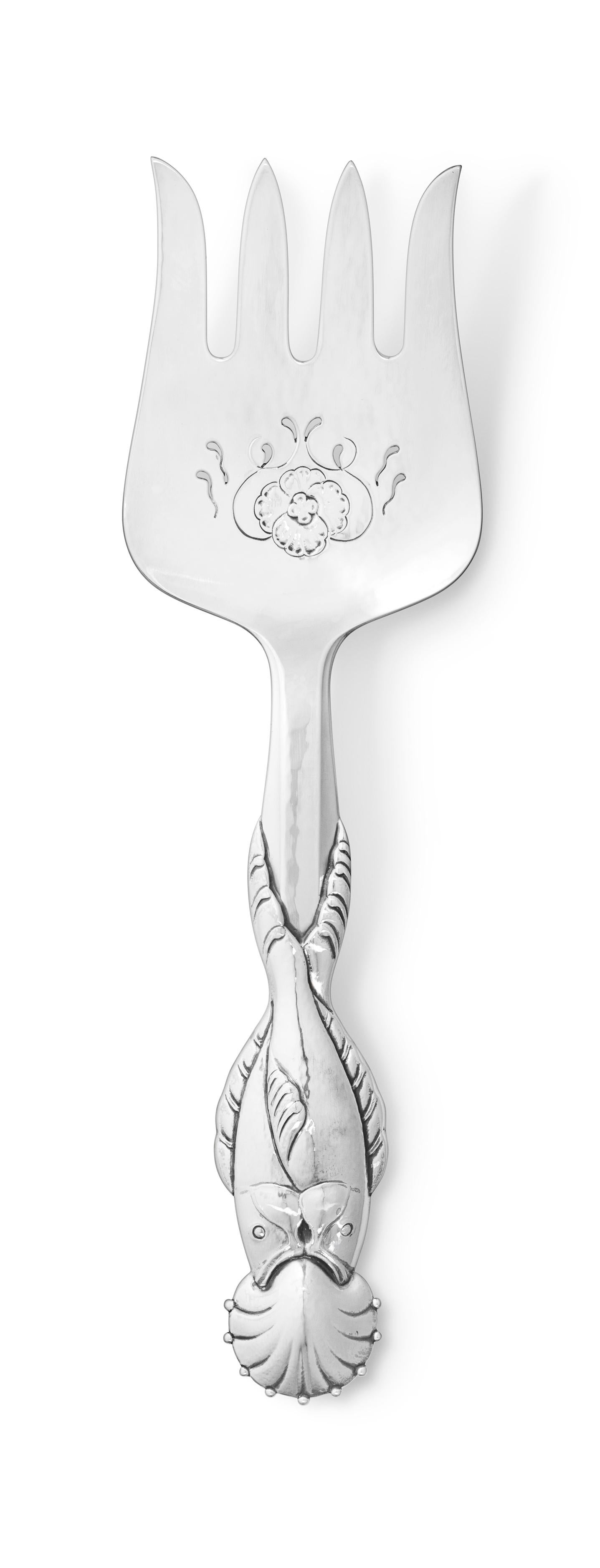 Polished Set of New Georg Jensen Sterling Silver Ornamental Fish Serving, Pattern 55 For Sale