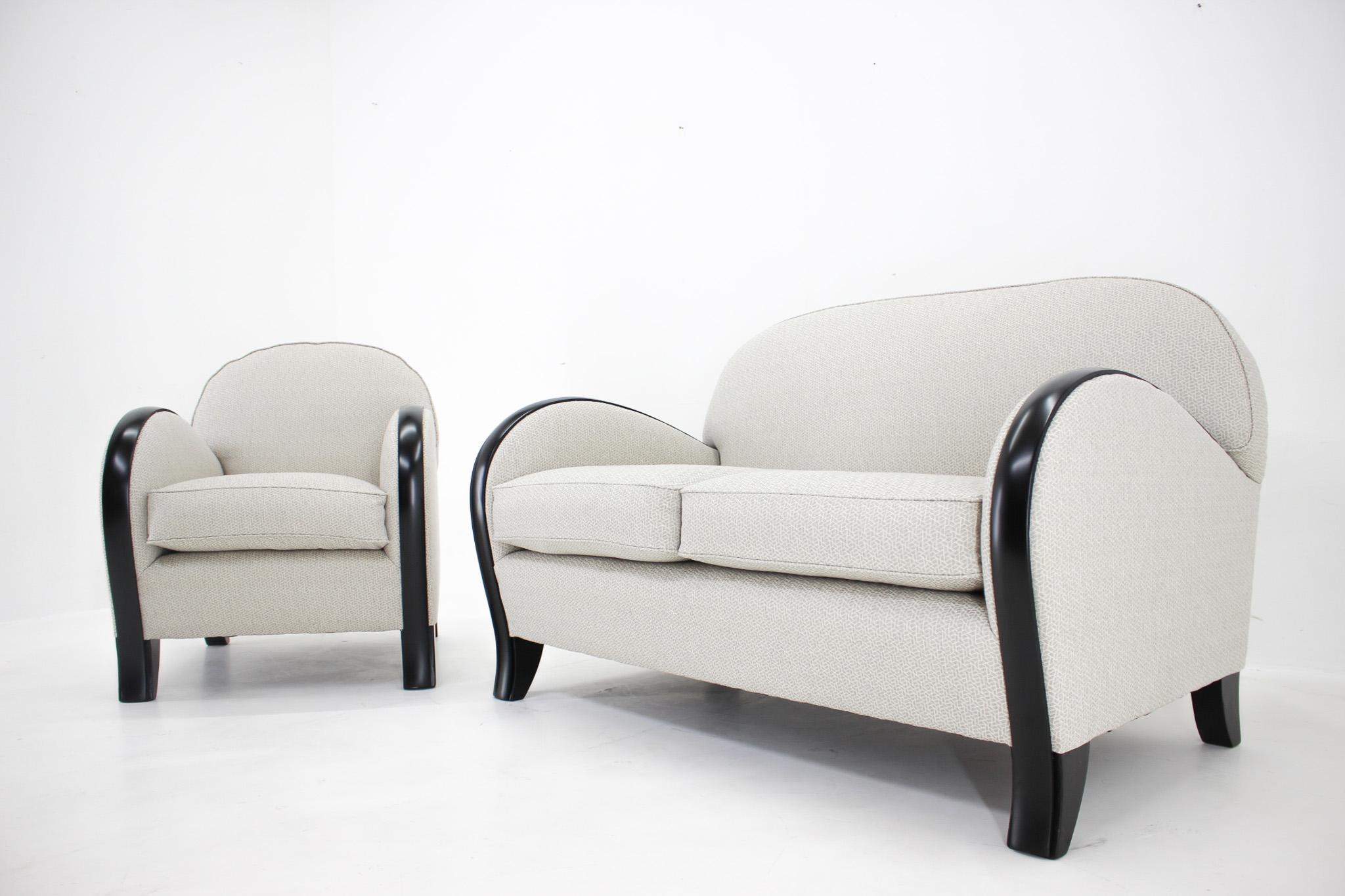 Italian Set of Newly Upholstered Two Seat Sofa & Armchair, Italy, 1940s