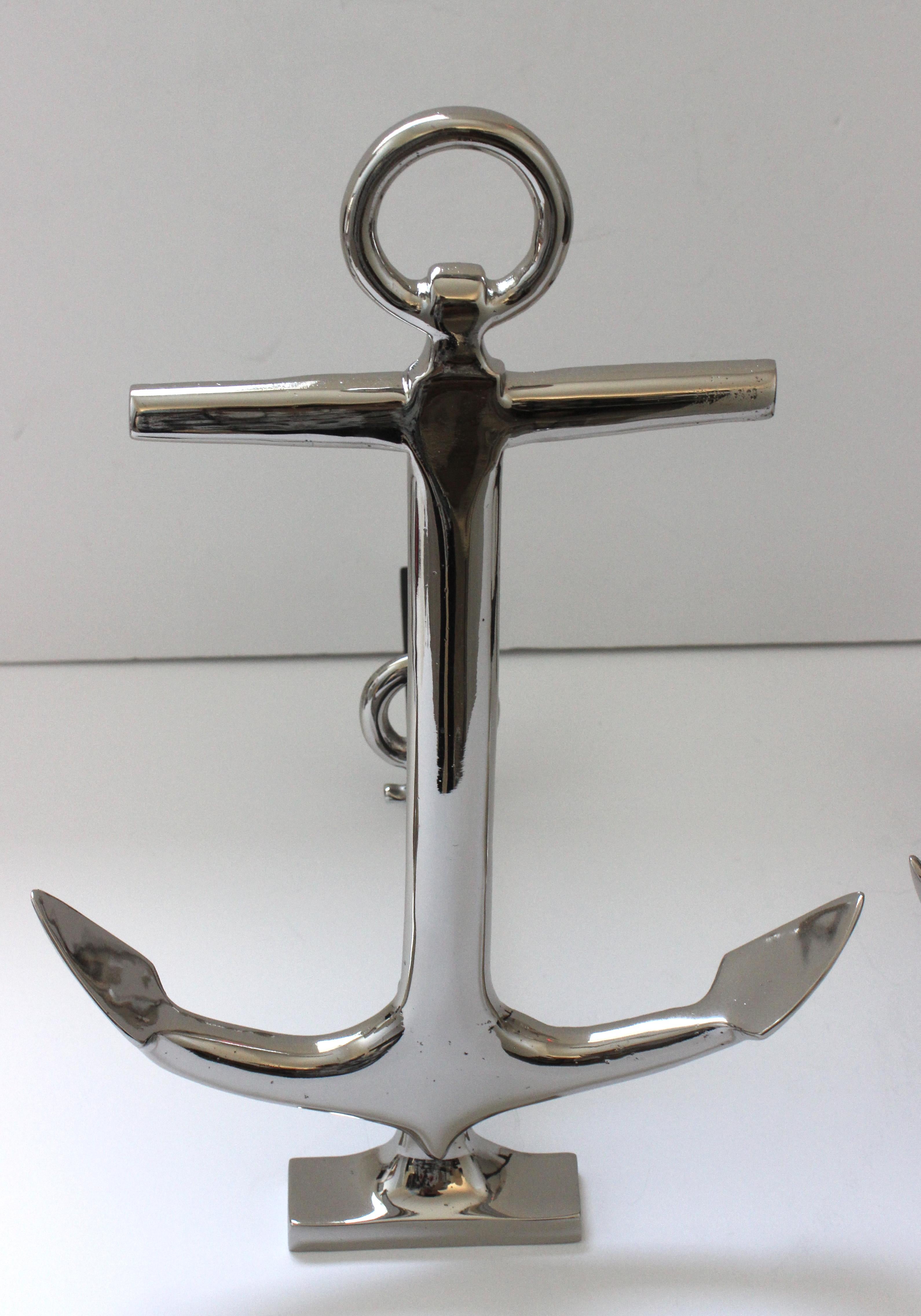 Romantic Set of Nickel Plated Anchor Andirons For Sale