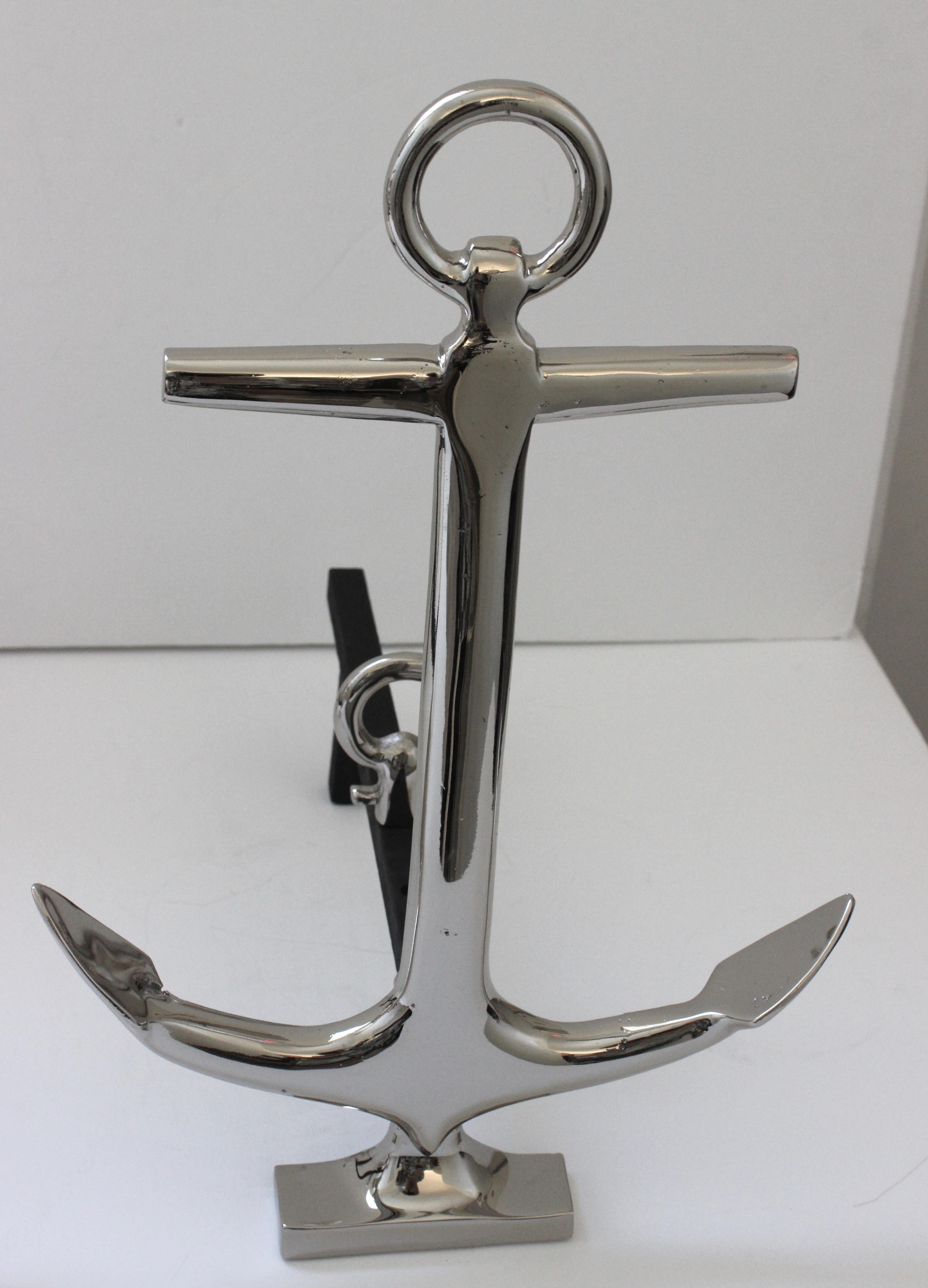 American Set of Nickel Plated Anchor Andirons For Sale