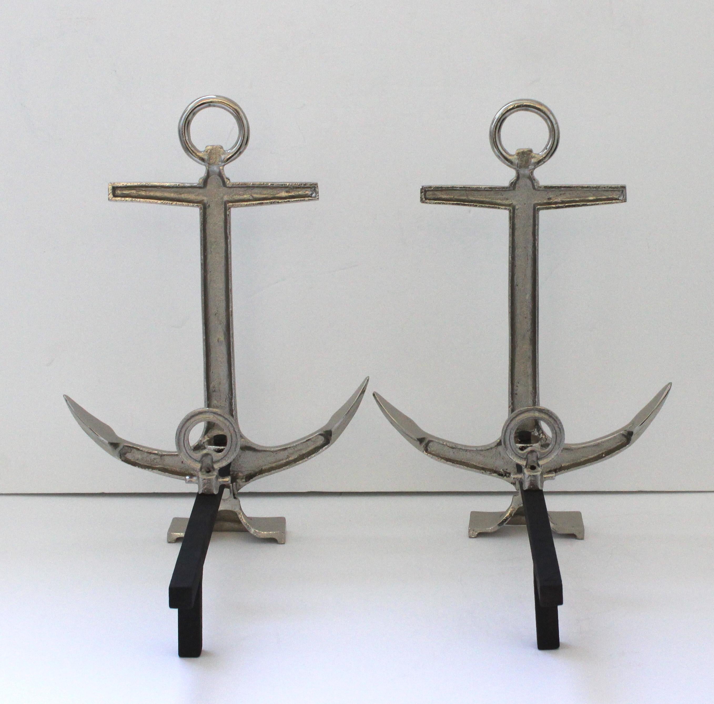 Set of Nickel Plated Anchor Andirons In Good Condition For Sale In West Palm Beach, FL