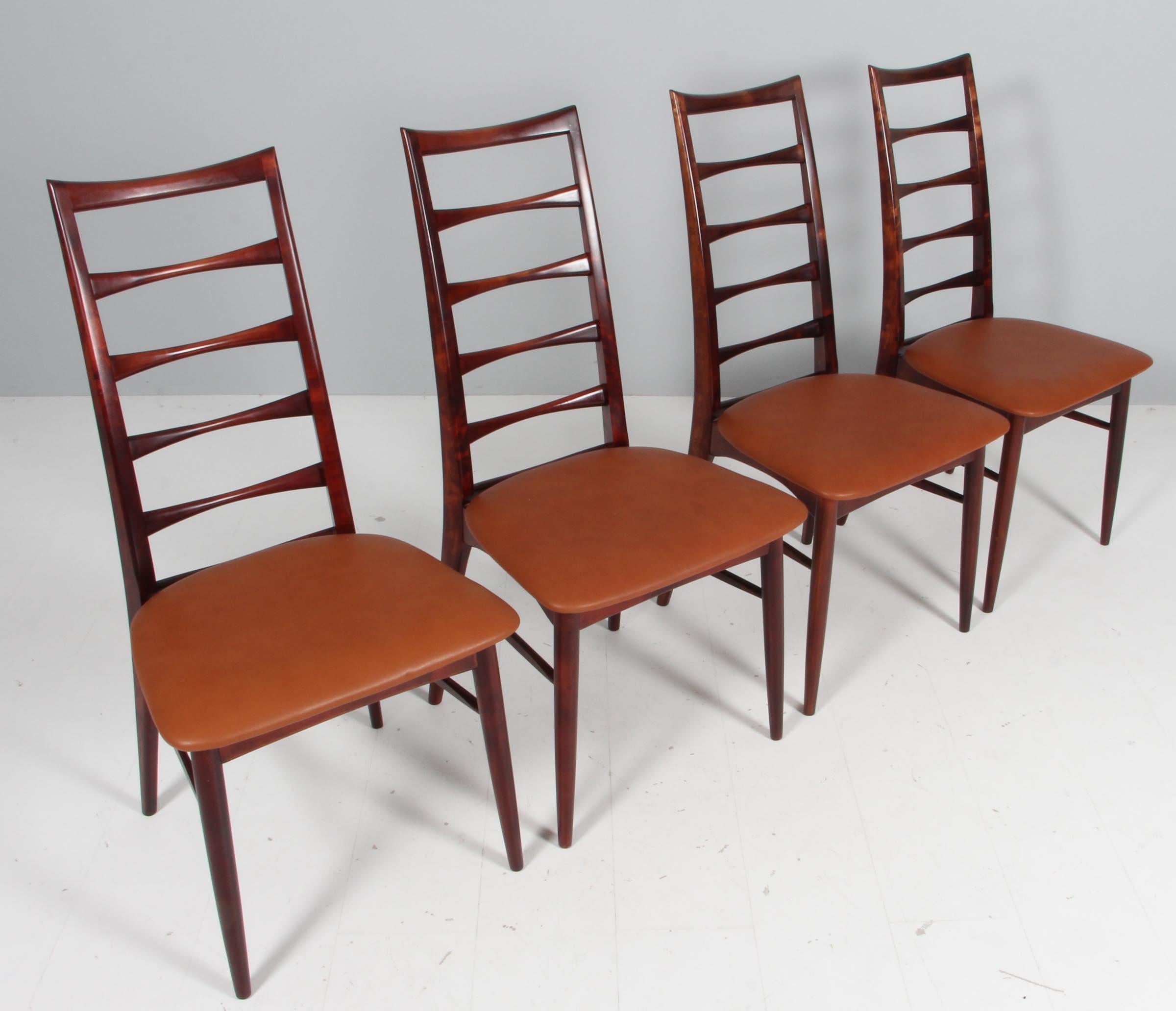 Set of Niels Koefoed dining chairs made in stained beech

New upholstered with tan coloured full grain aniline leather.

Model Lis, made by Niels Koefoeds Møbelfabrik Hornslet, 1960s.

