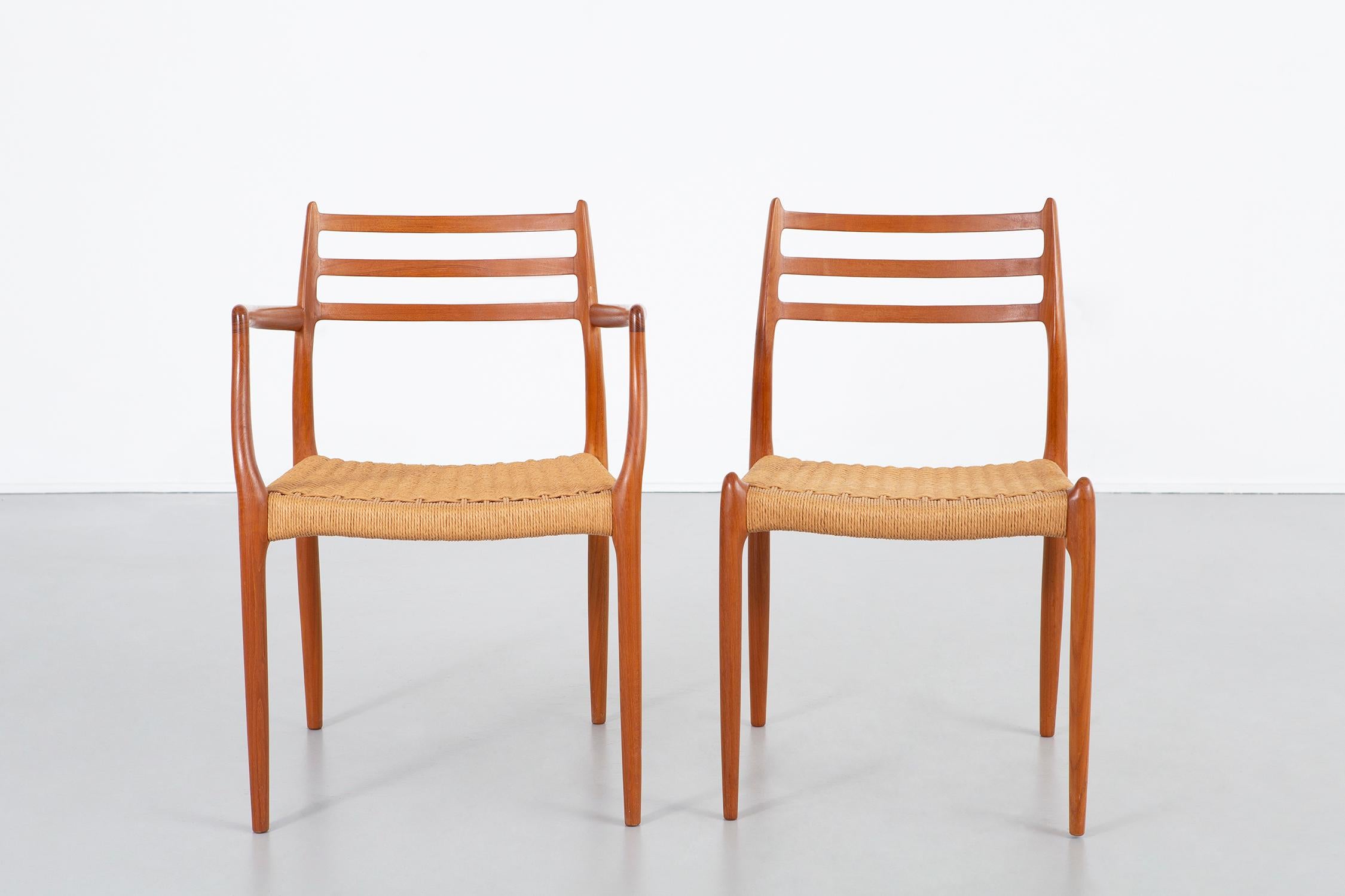 Set of six dining chairs with two armchairs ‘model 62’ and 4 side chairs (model 78)

Designed by Niels Otto Møller for J.L. Mollers Mobelfabrik.

Denmark, circa 1960s

Teak and original cord

Measures: 31 ?” H x 21 ½” W x 21 ?” D x 17 ¾”