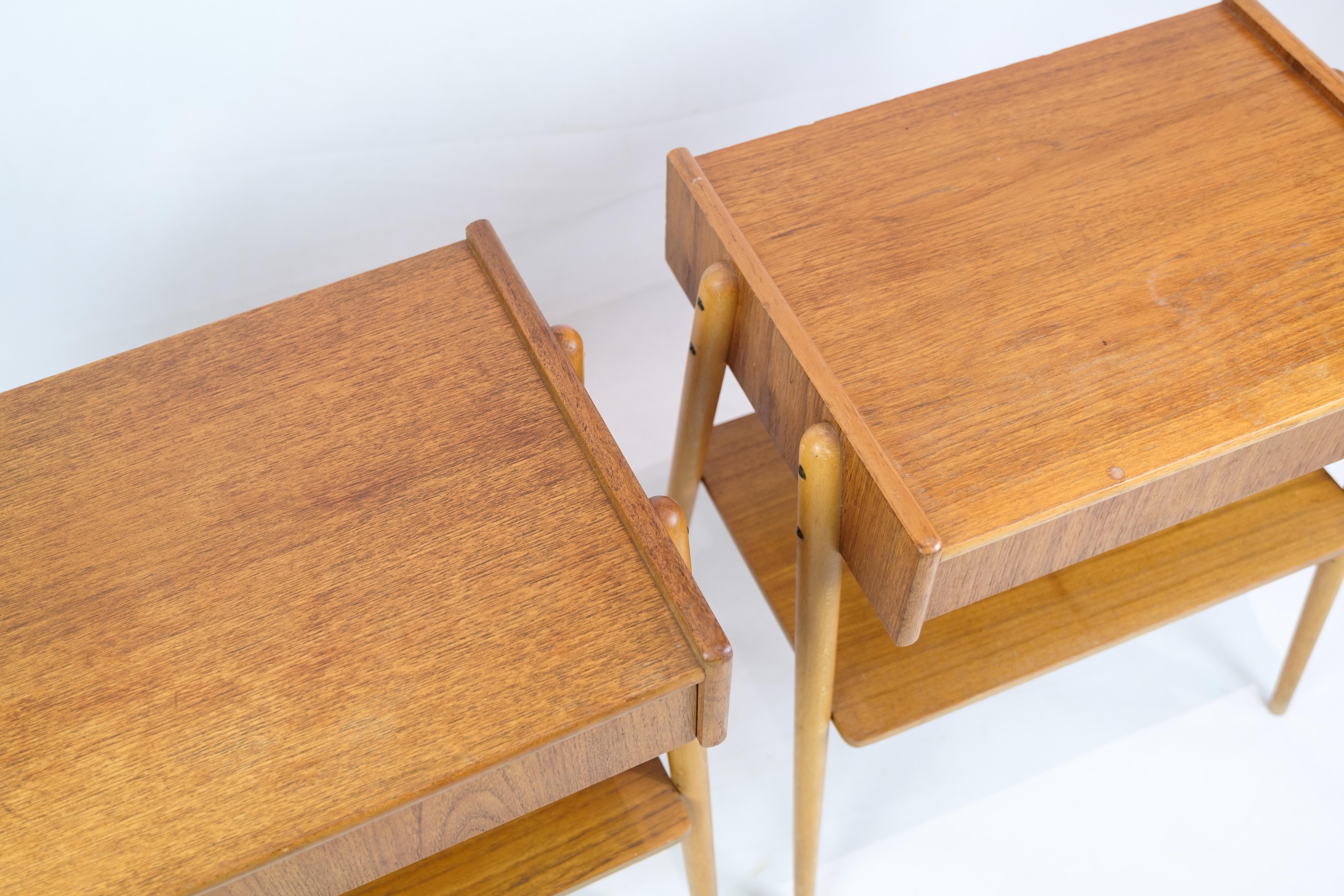 Mid-Century Modern Set of Nightstands In Teak, By AB Carlström & Co Furniture Factory From 1950s For Sale