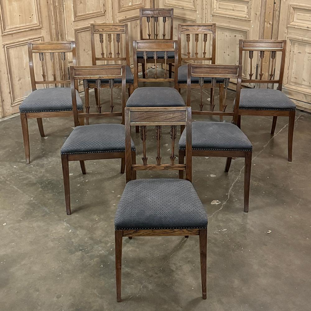 Set of Nine 18th Century French Directoire Dining Chairs is a relatively rare find, especially with this level of quality and preservation!  The diamond pattern mohair is of the best quality but showing its age, so probably best replaced in the near