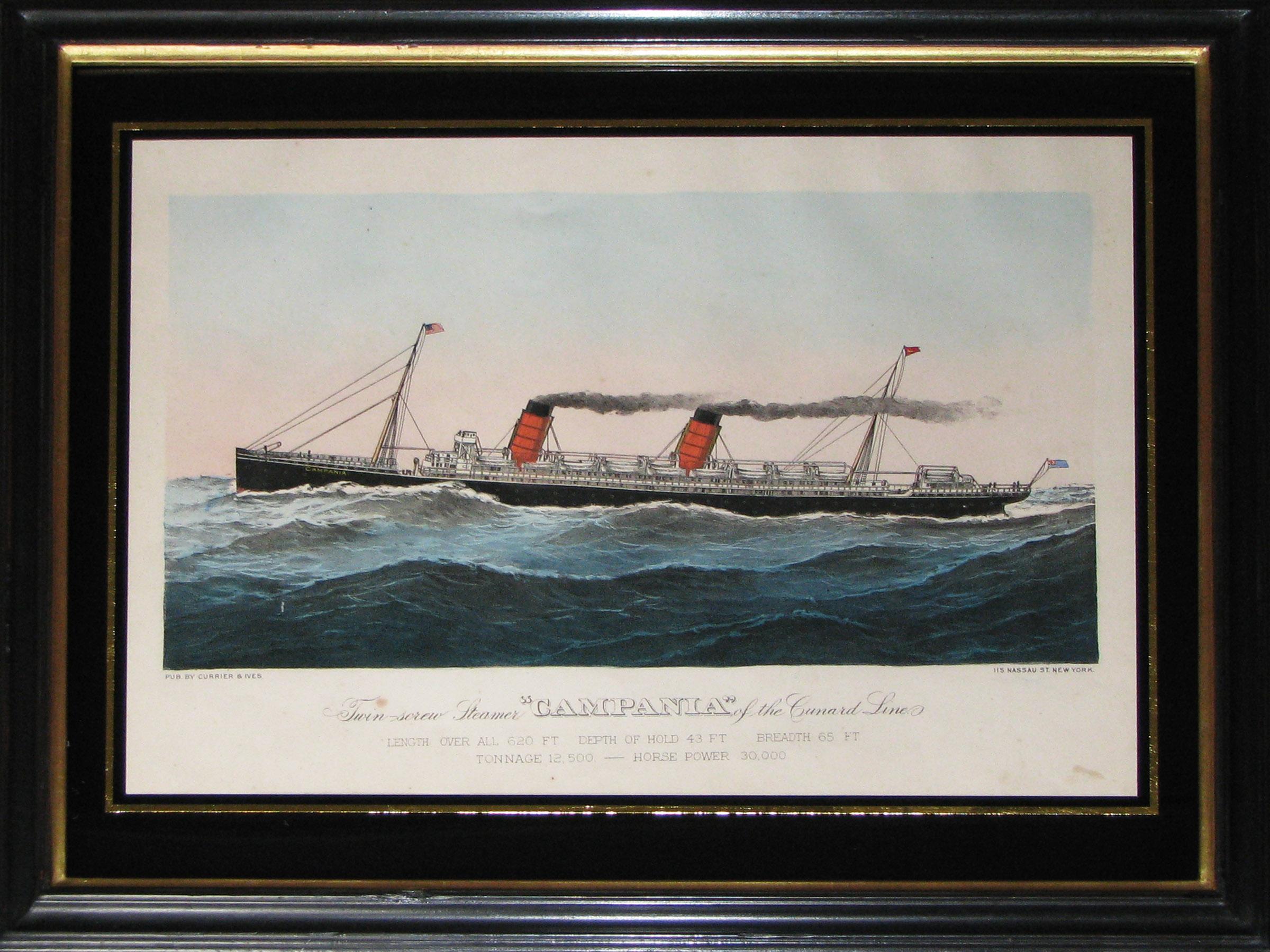 A wonderful set of 9 maritime lithograph prints of Trans-Atlantic steamships in original hand colour; published by Currier and Ives in New York 1880s and 1890s. These images evoke all the excitement and majesty of trans-Atlantic steam travel in the