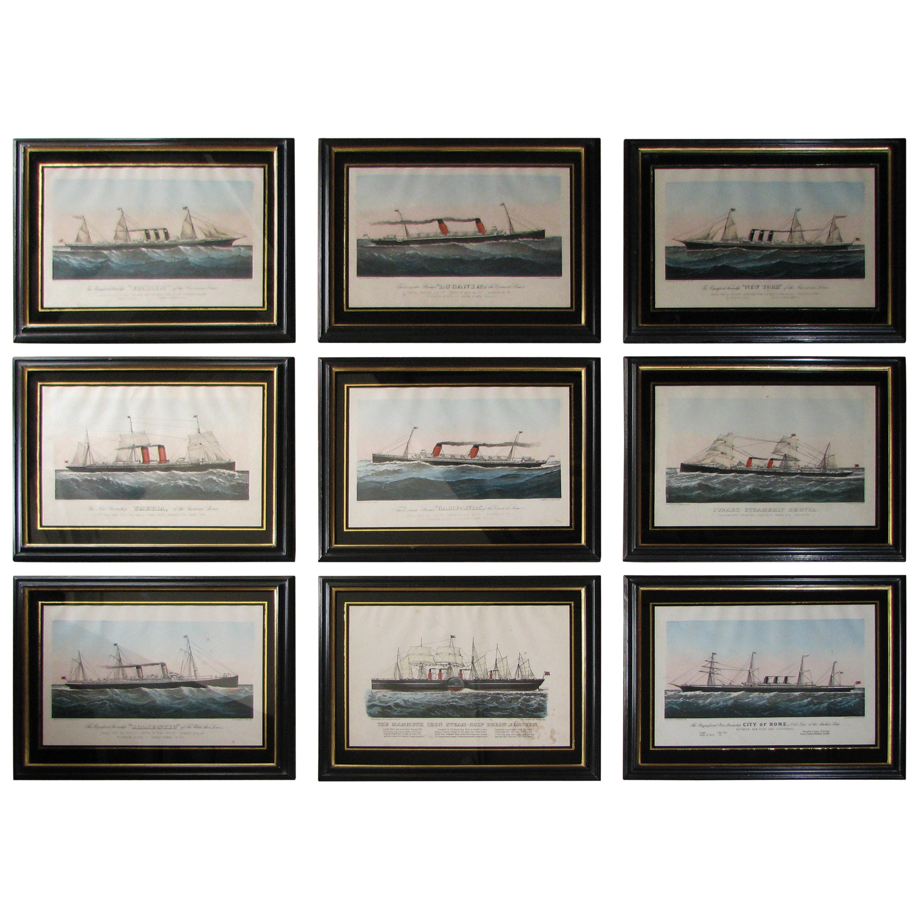 Set of Nine American Steamship Prints by Currier and Ives Including New York For Sale