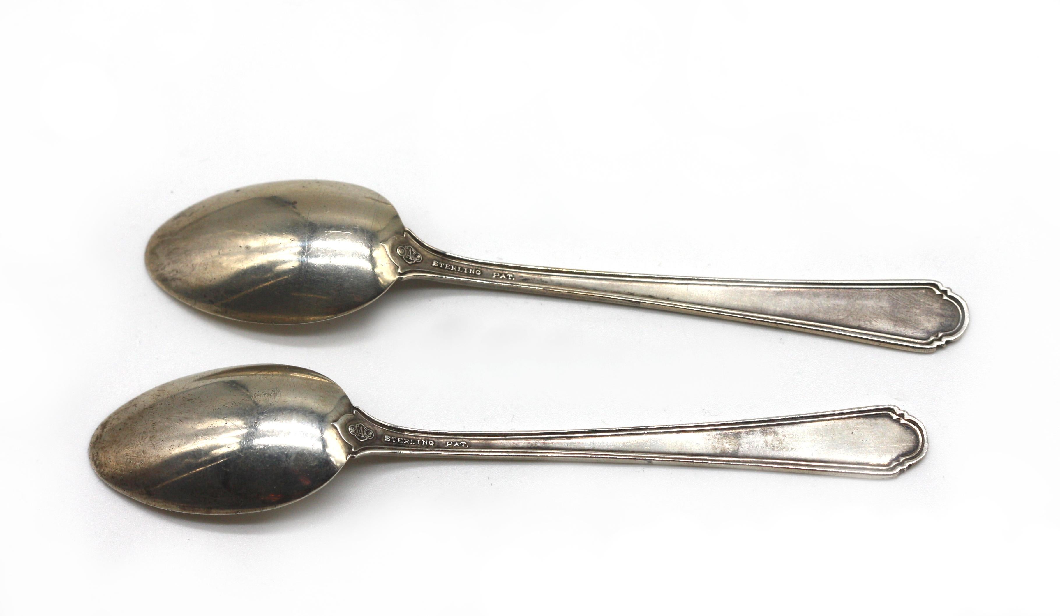 
Set of Nine American Sterling Silver Demi-Tasse Spoons
Circa 1900. Marks for Alvin Silver, with winged eagle and upper case A, Sterling. The handles with thread border headed by a stylized shell. 
Length 4 in. 1.65 oz. troy.