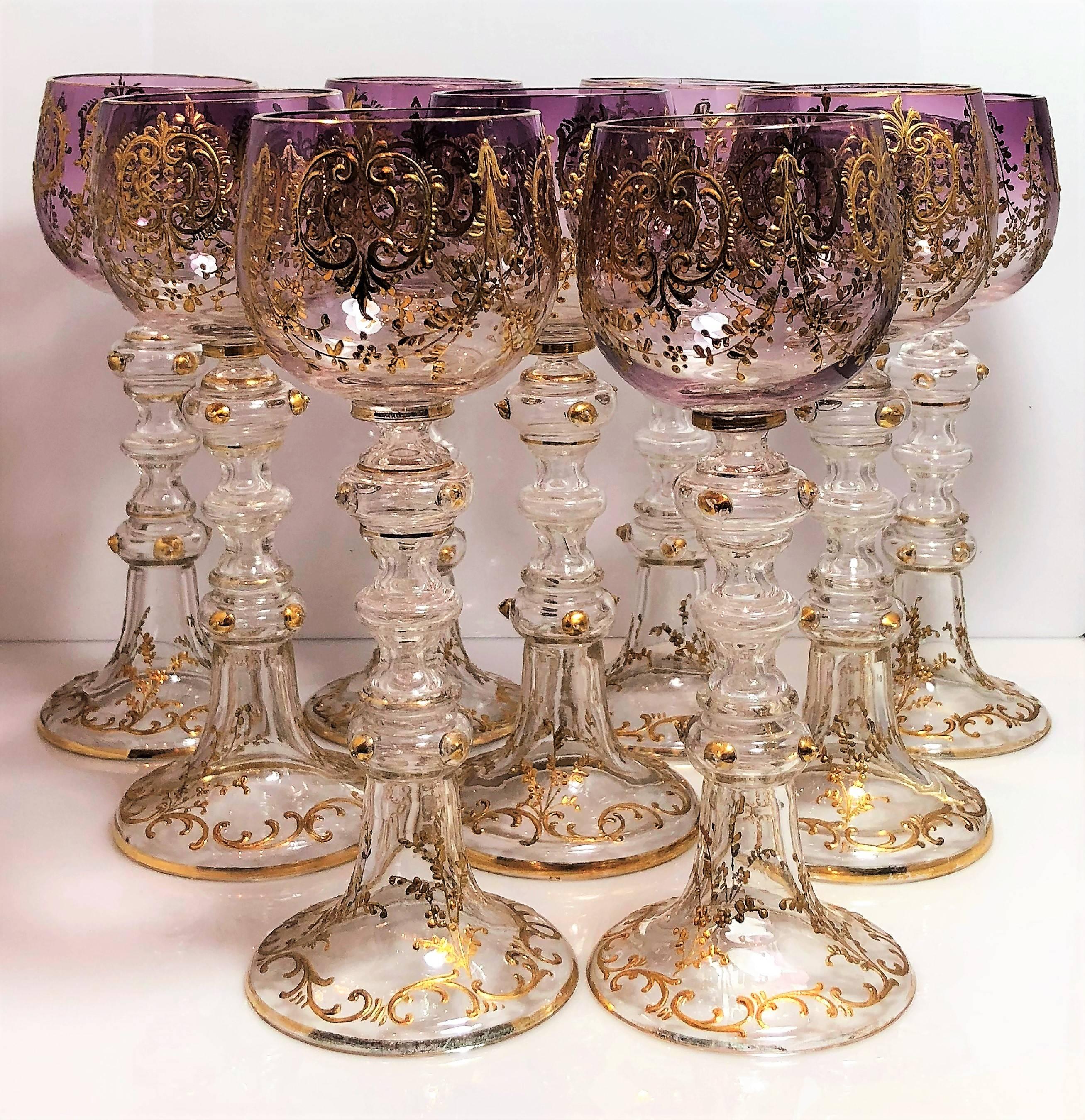 Ensemble de neuf verres à vin anciens en cristal vénitien, vers les années 1920 Excellent état à New Orleans, LA