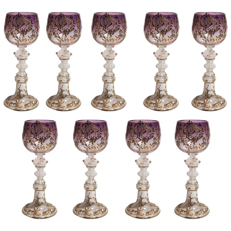 Set of Nine Antique Crystal Wine Glasses, circa 1920s at 1stDibs