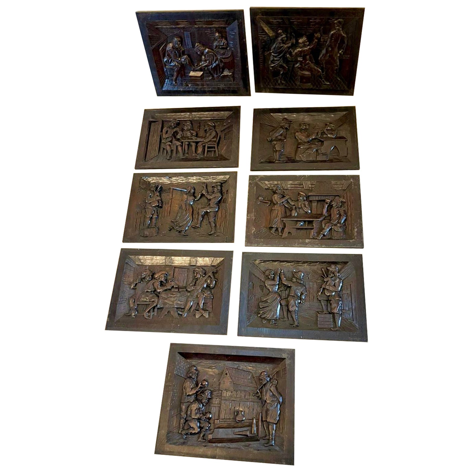 Set di nove pannelli antichi vittoriani intagliati a mano di Oak in vendita