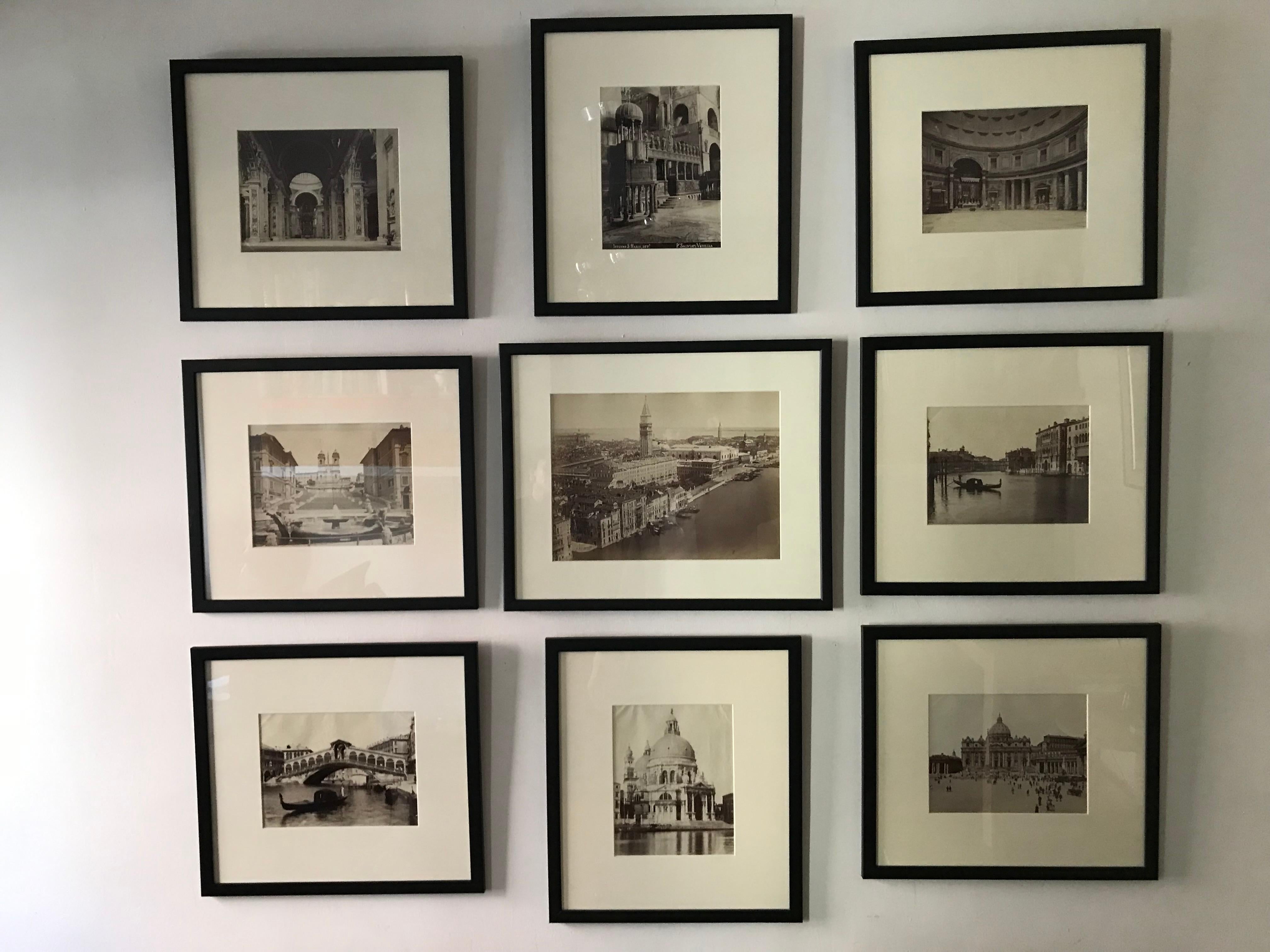 Set of nine black and white early 20th century photographs of Venice and Rome. Framed set of nine photographs depicting famous sites in Venice and Rome including Santa Maria Della Salute, San MarCo, the Rialto, the Doges Palace, St. Peter’s, the