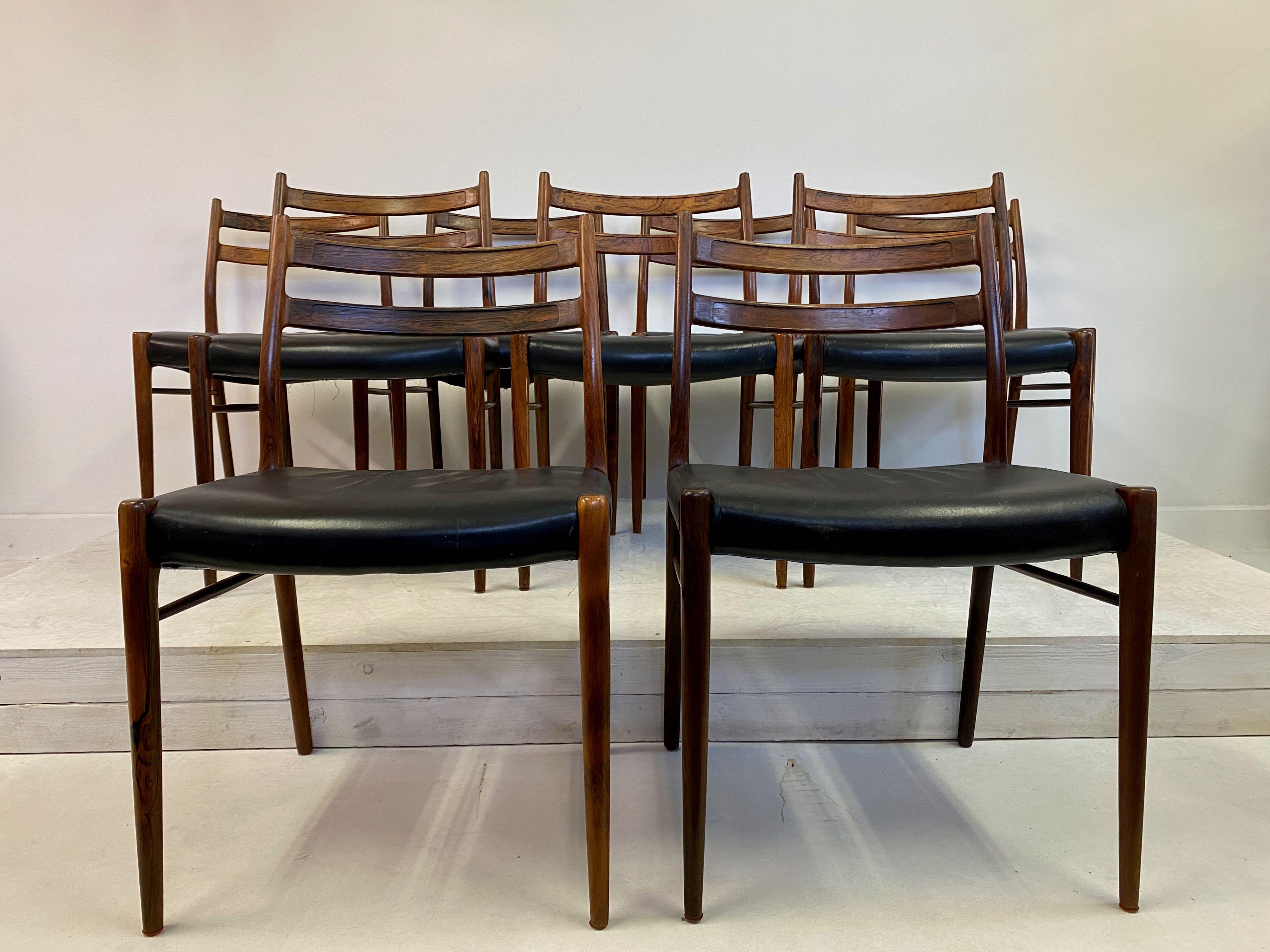 Set of nine dining chairs

Model GS71 by Glyngøre Stolefabrik

Brazilian rosewood frames

Black leather seats

Some wear to the leather, can be reupholstered if desired.

Presented at the Scandinavian Furniture Fair at the Bella Centre