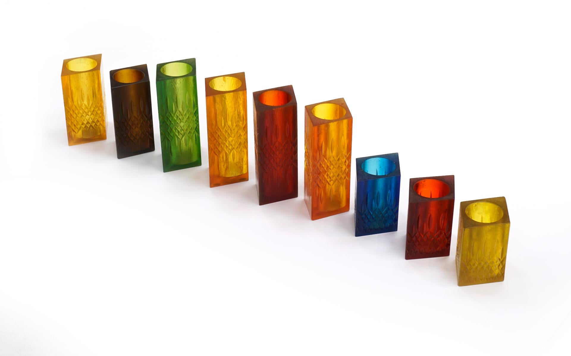 American Set of Nine Candleholder / Vases by Sascha Brastoff, Multi-Color Resin, Signed