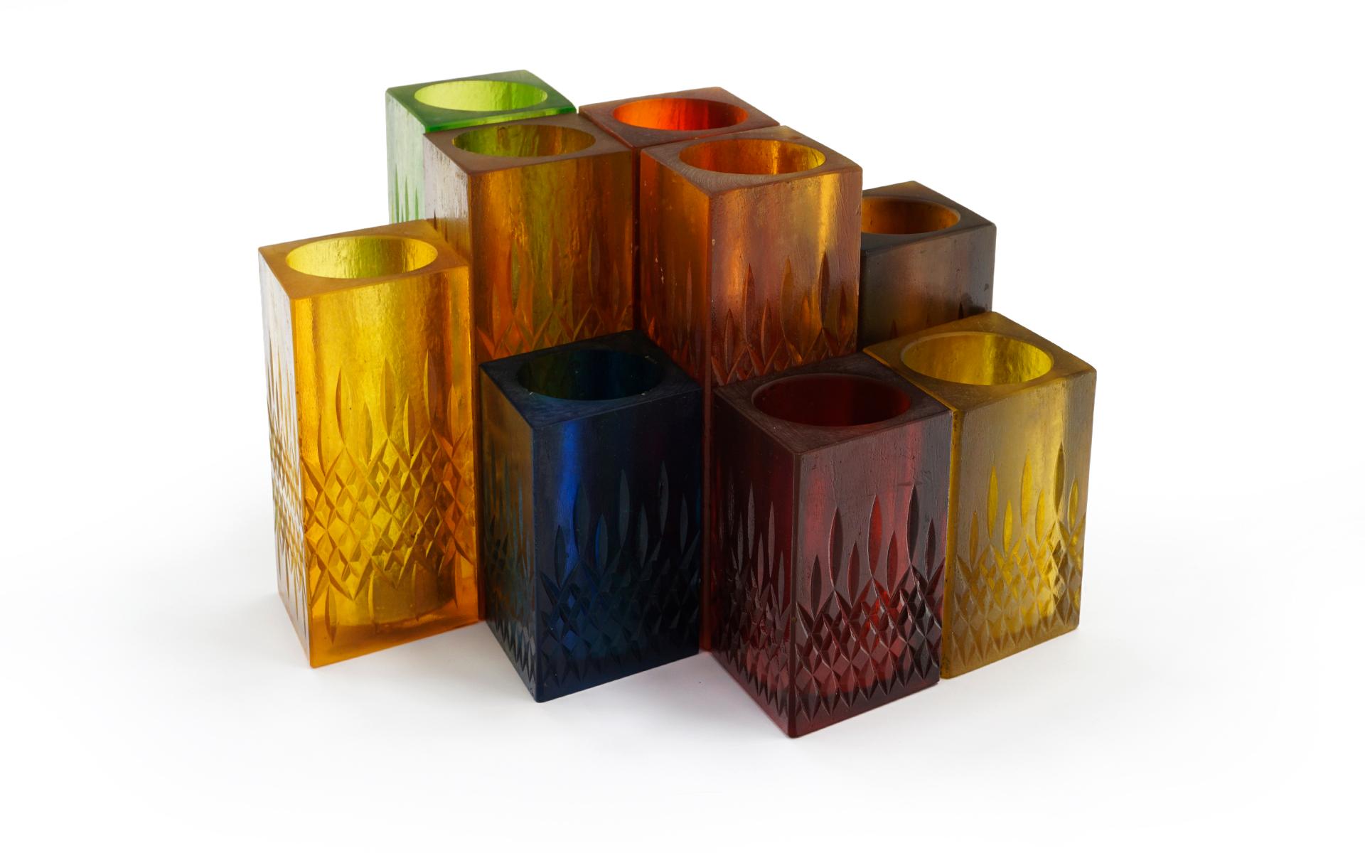 Set of Nine Candleholder / Vases by Sascha Brastoff, Multi-Color Resin, Signed In Good Condition In Kansas City, MO