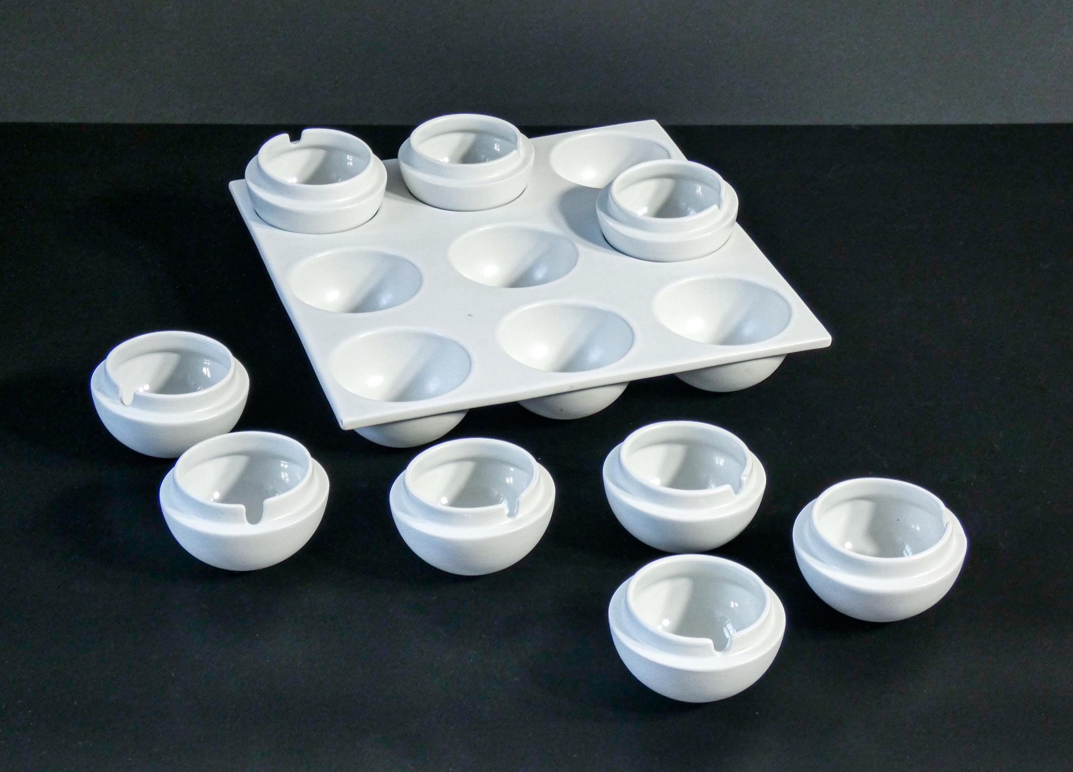 Italian Set of Nine Ceramic Ashtrays on Tray. Design Ambrogio Pozzi for C. Franco Pozzi