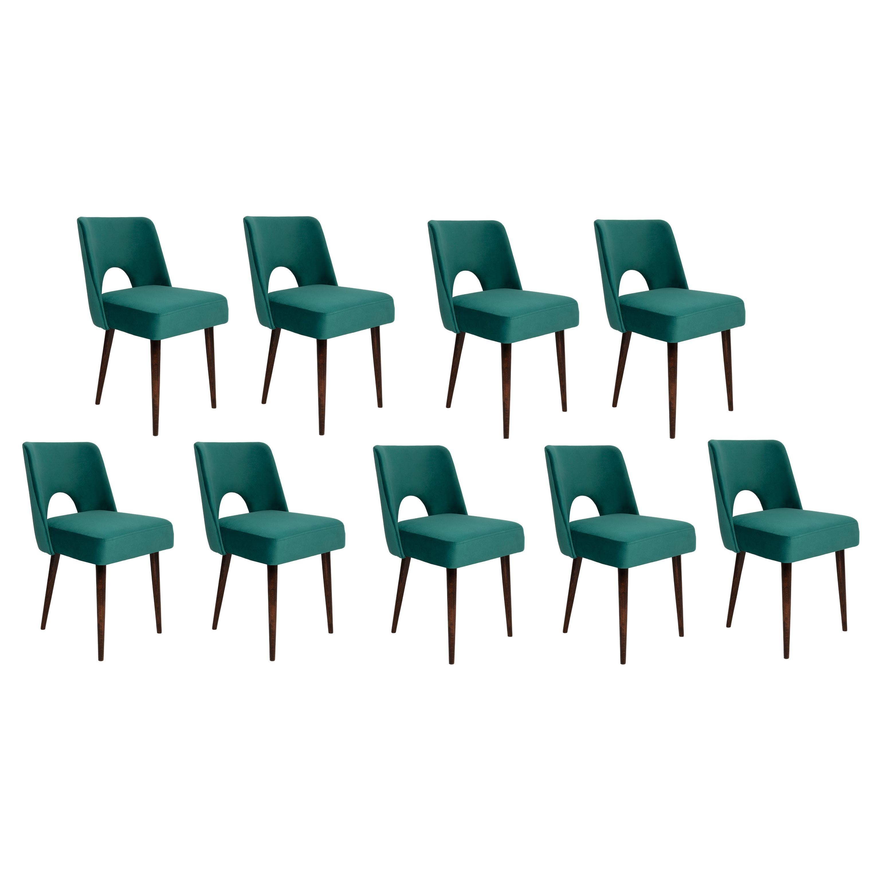 Set of Nine Dark Green Velvet 'Shell' Chairs, Europe, 1960s