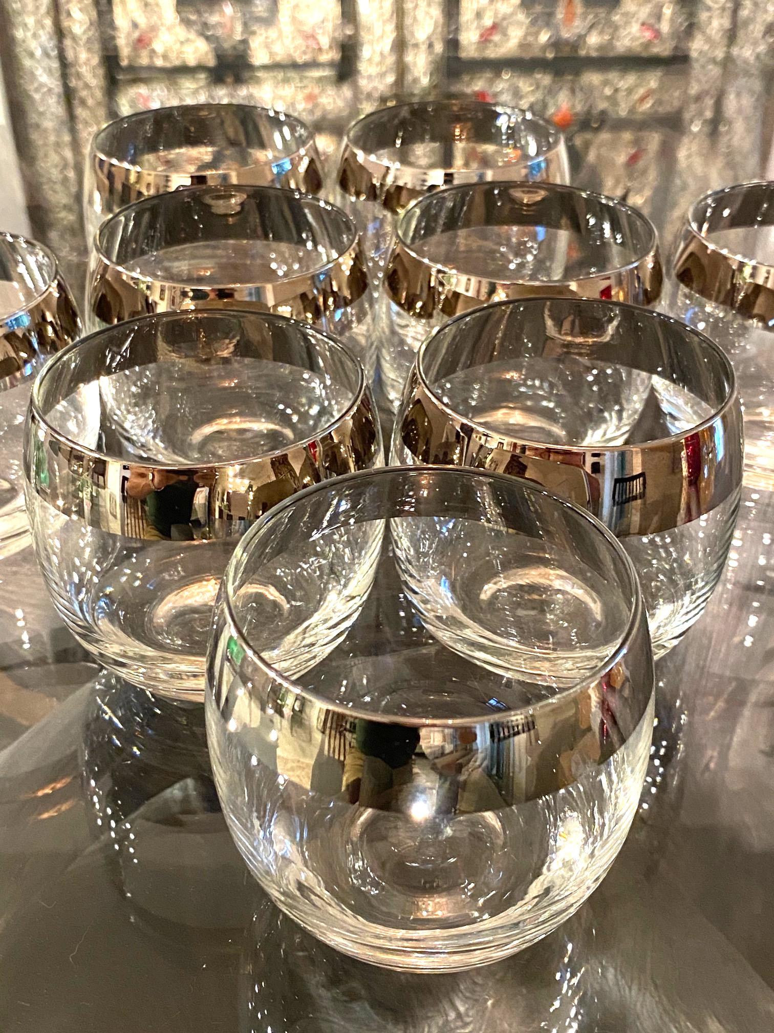 American Set of Nine Dorothy Thorpe Round Barware Glasses with Silver Overlay, c. 1960's