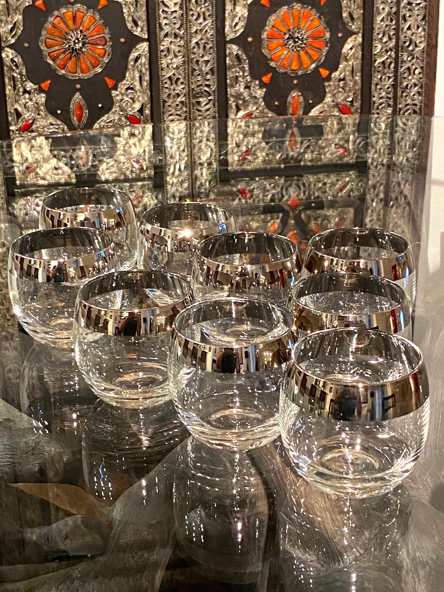 Hand-Crafted Set of Nine Dorothy Thorpe Round Barware Glasses with Silver Overlay, c. 1960's