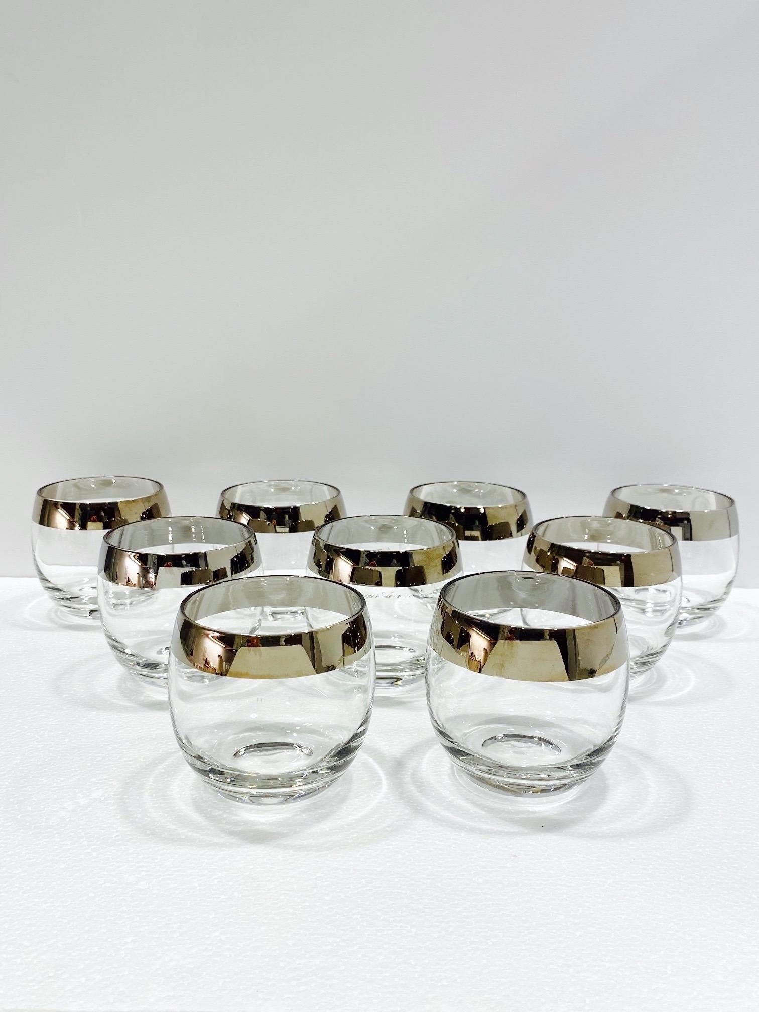 Set of Nine Dorothy Thorpe Round Barware Glasses with Silver Overlay, c. 1960's In Good Condition In Fort Lauderdale, FL