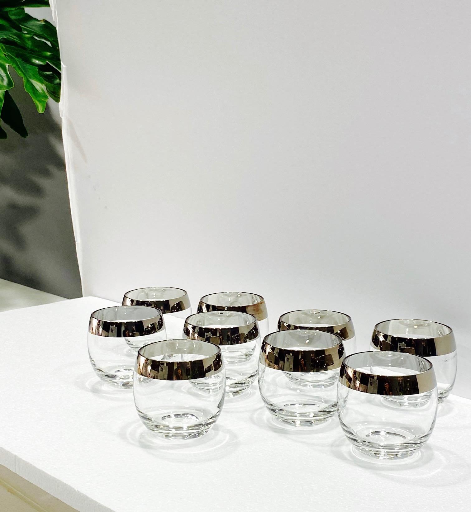 Blown Glass Set of Nine Dorothy Thorpe Round Barware Glasses with Silver Overlay, c. 1960's