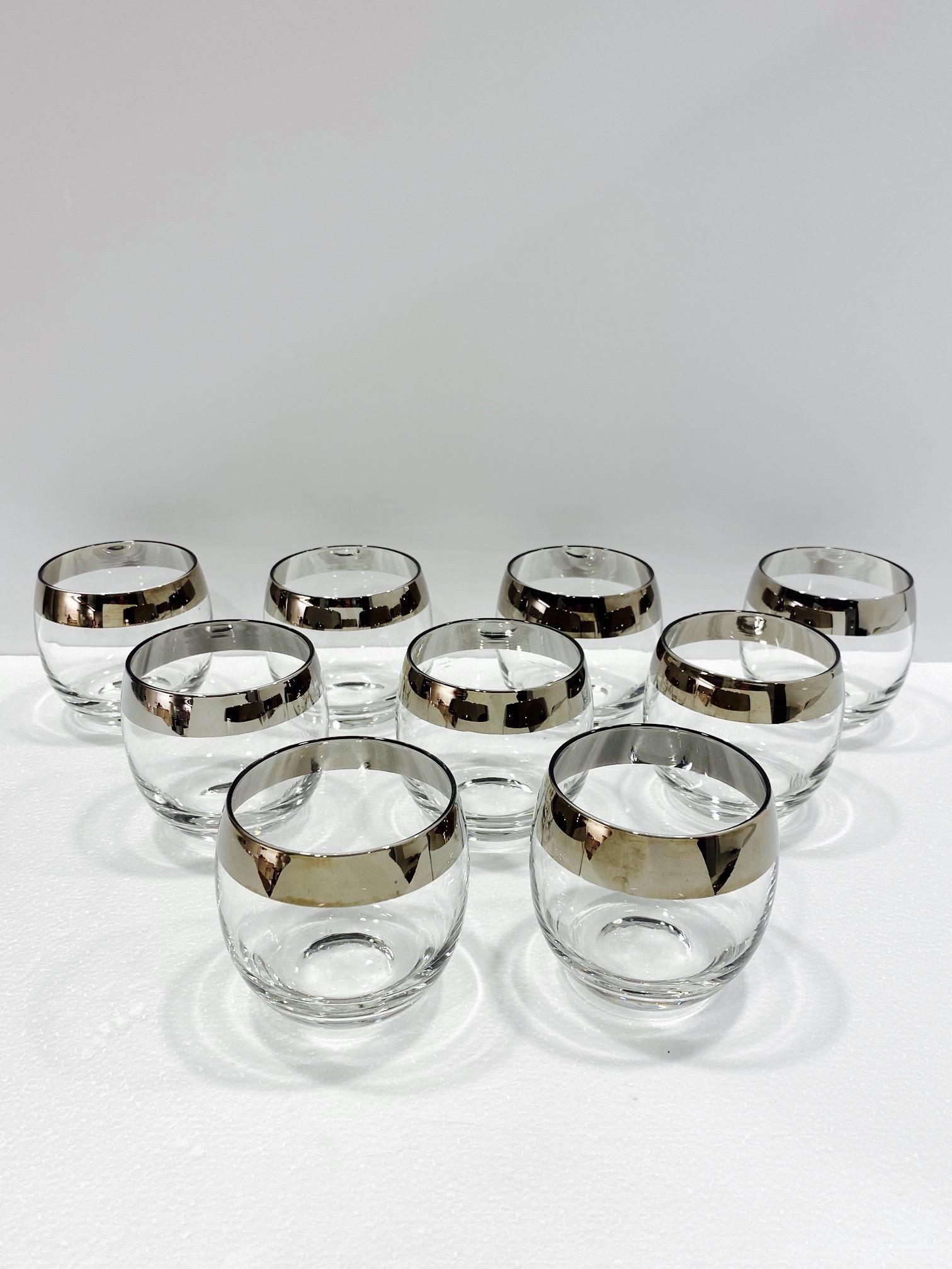 Set of Nine Dorothy Thorpe Round Barware Glasses with Silver Overlay, c. 1960's 1