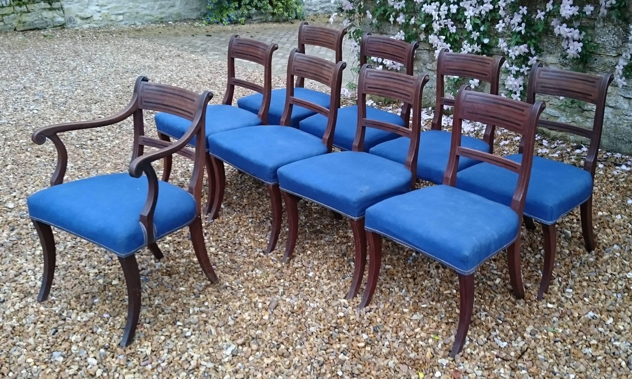 British Set of Nine Early 19th Century Regency Mahogany Antique Dining Chairs