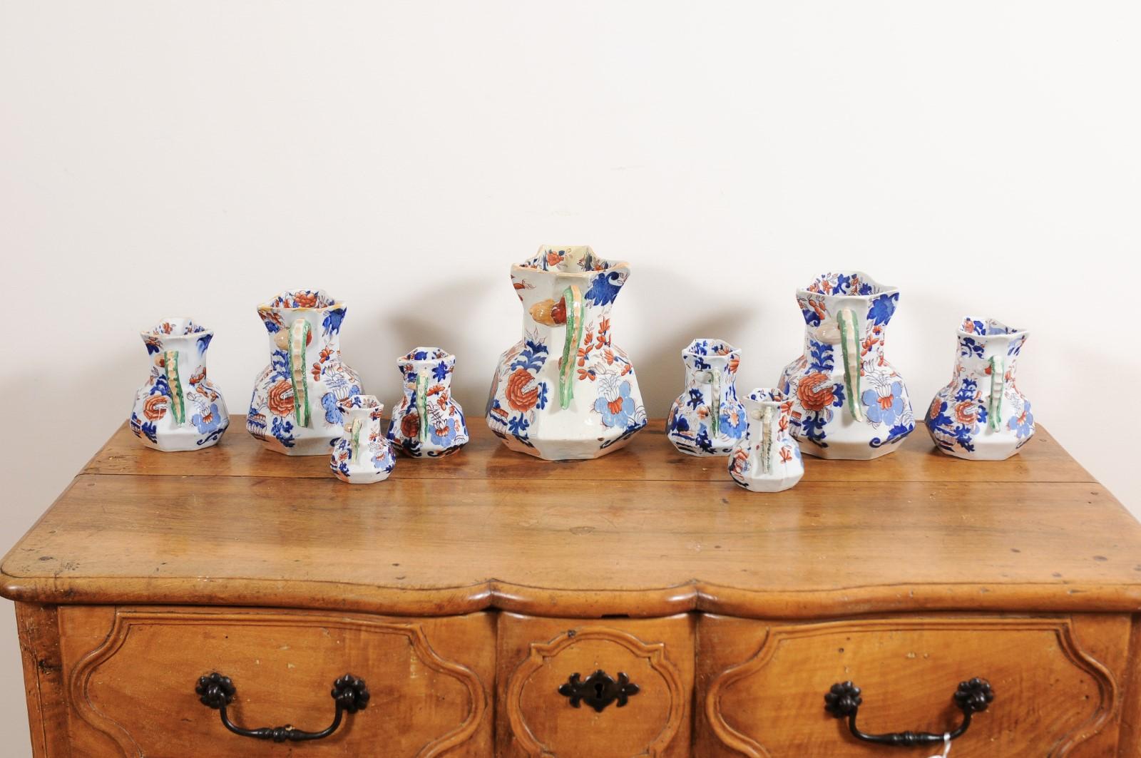 Set of Nine English 1850s Mason's Patent Ironstone China Hydra Pitchers 4