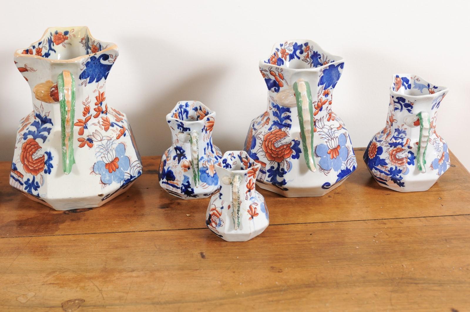 Set of Nine English 1850s Mason's Patent Ironstone China Hydra Pitchers 5