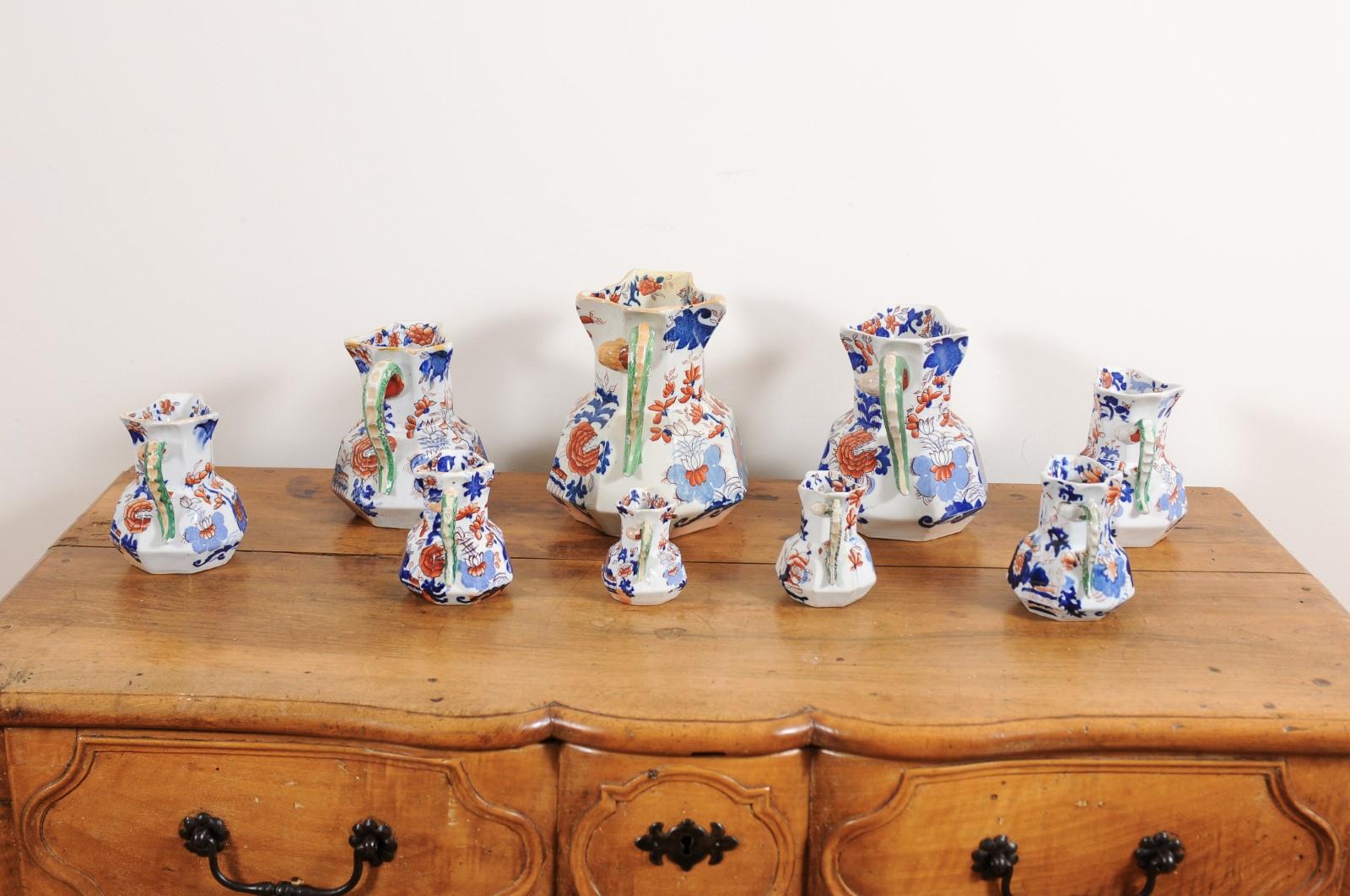 19th Century Set of Nine English 1850s Mason's Patent Ironstone China Hydra Pitchers