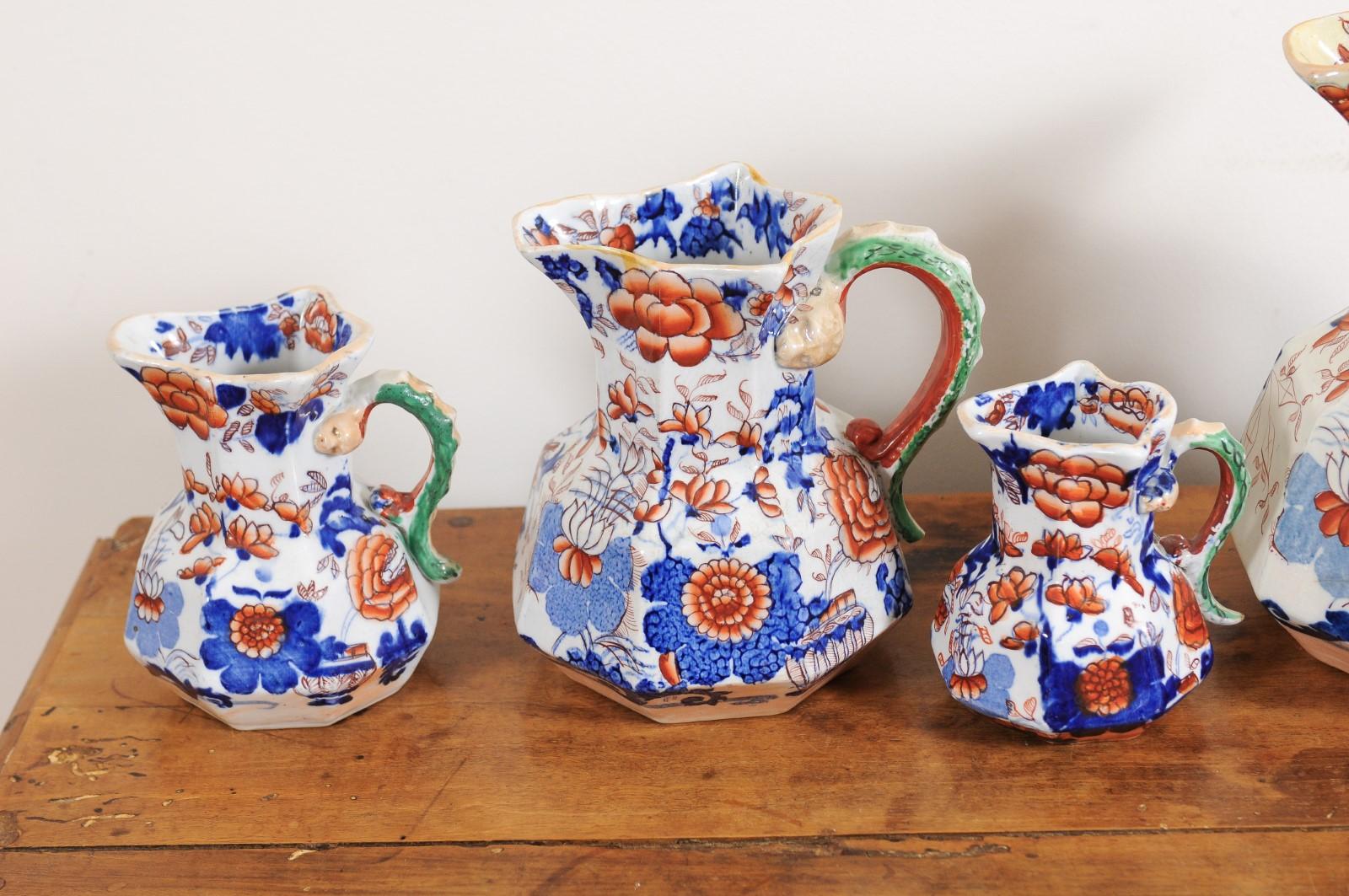 Set of Nine English 1850s Mason's Patent Ironstone China Hydra Pitchers 2